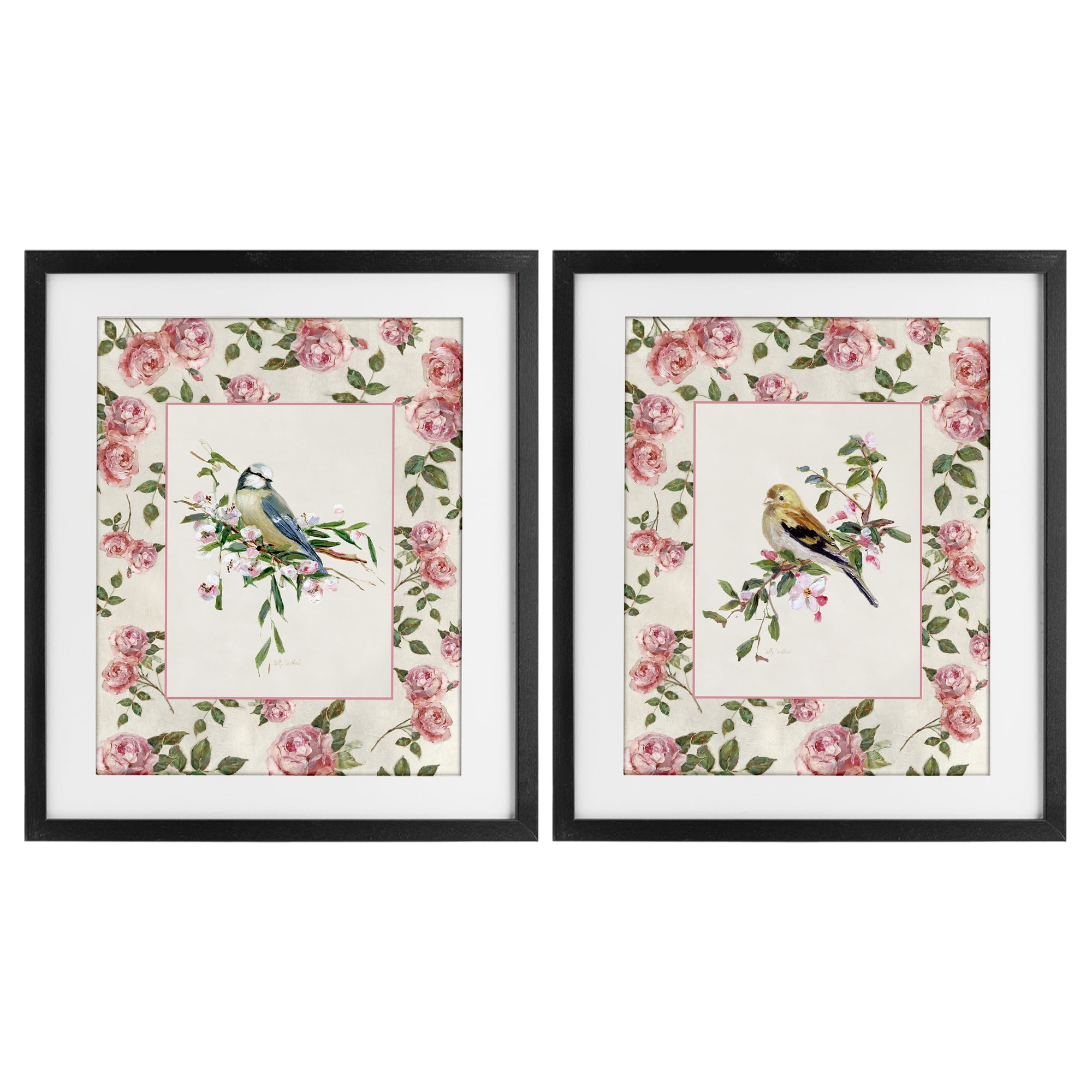 Stupell Industries Dainty Roses & Birds 2 Piece Black Framed Print Under Glass Set, design by Sally Swatland