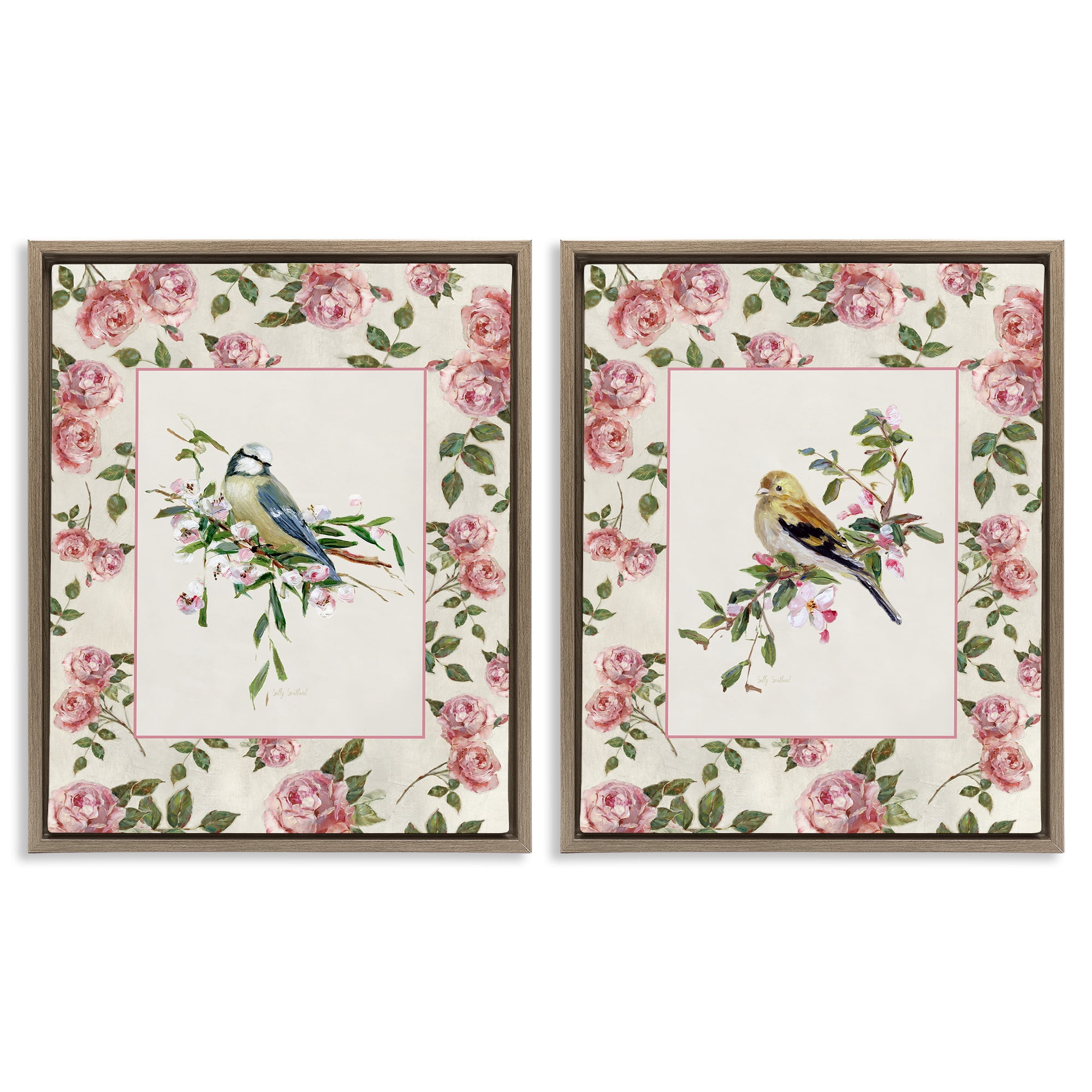 Stupell Industries Dainty Roses & Birds 2 Piece Brown Framed Floater Canvas Set, design by Sally Swatland