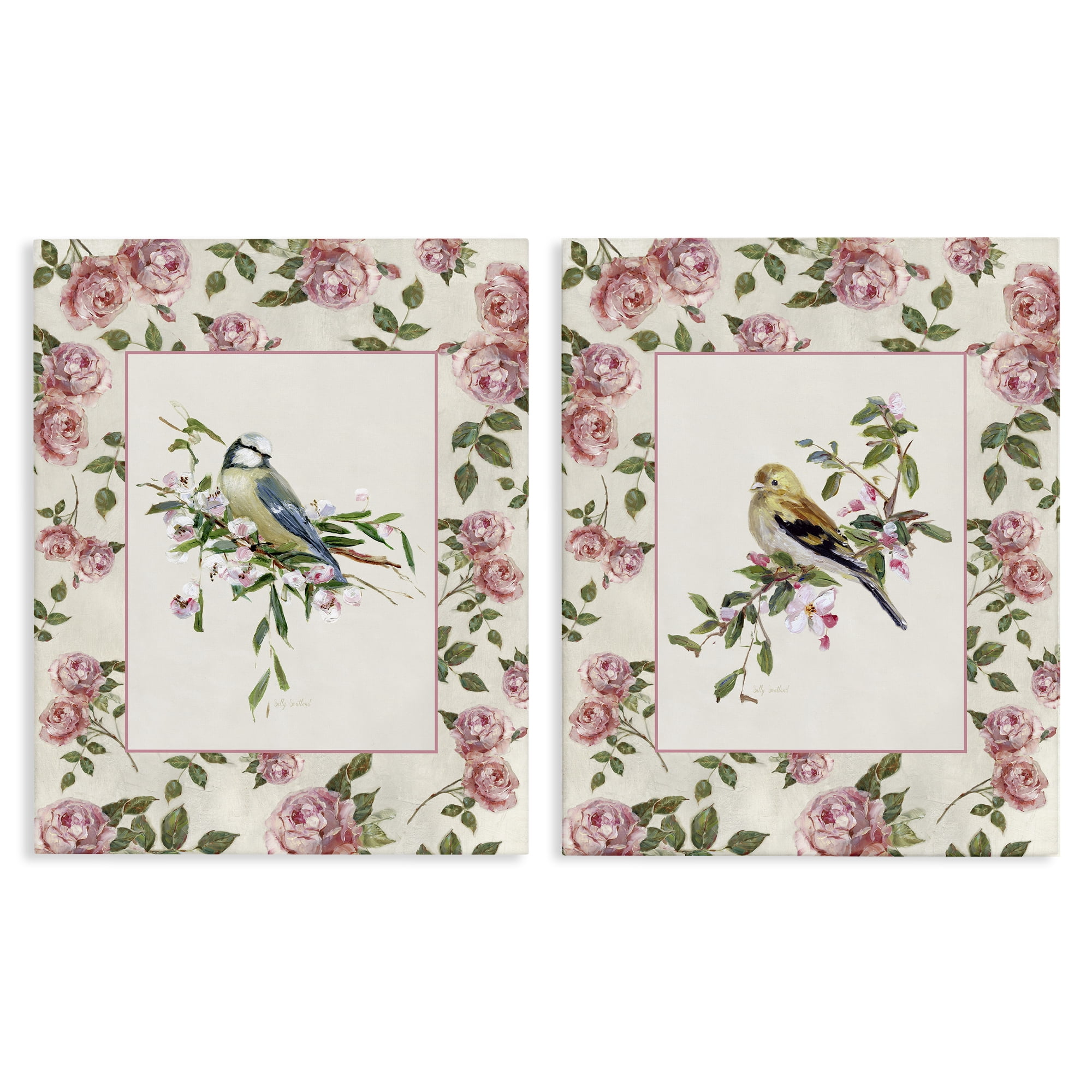 Stupell Industries Dainty Roses & Birds 2 Piece Canvas Wall Art Set, design by Sally Swatland