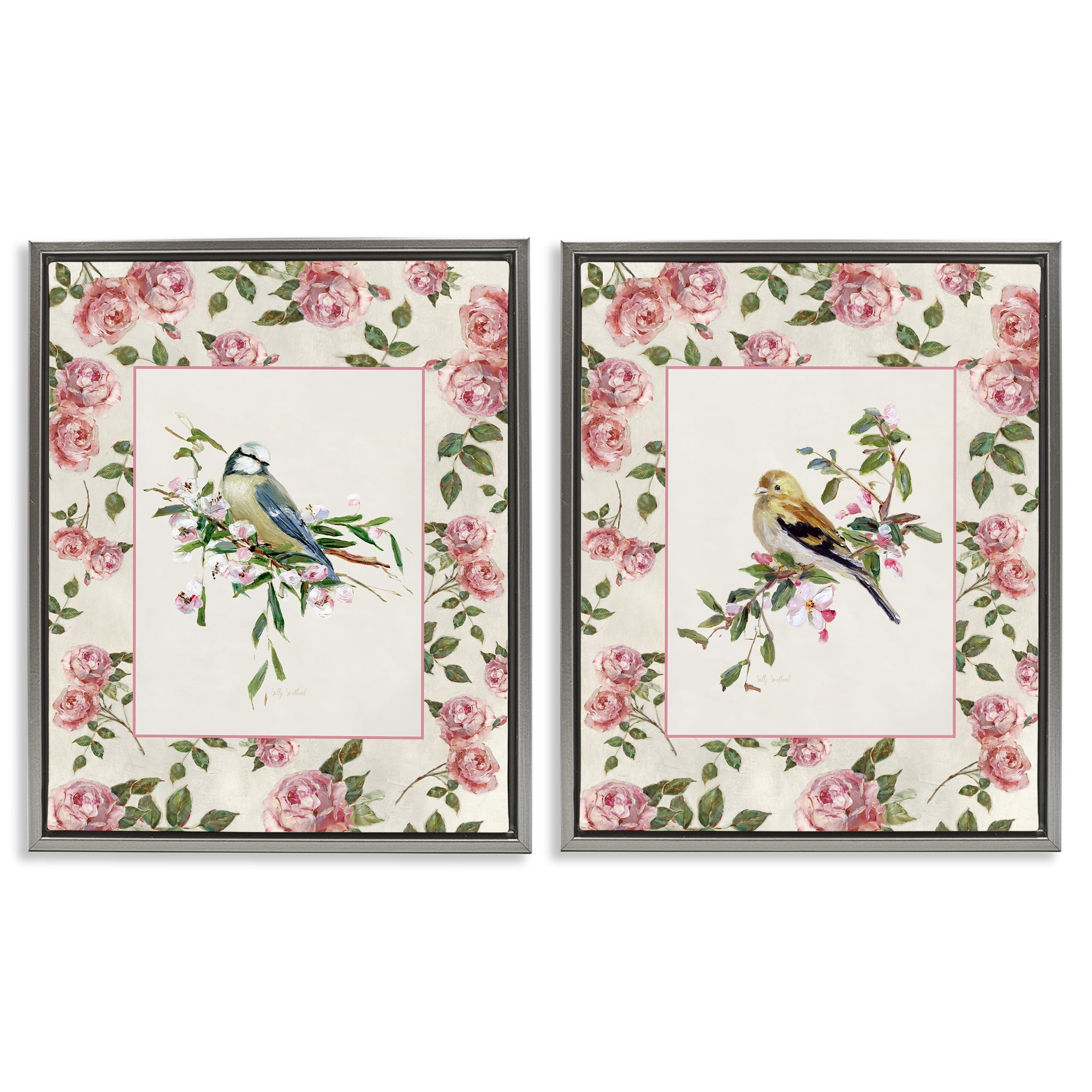 Stupell Industries Dainty Roses & Birds 2 Piece Gray Framed Floater Canvas Set, design by Sally Swatland