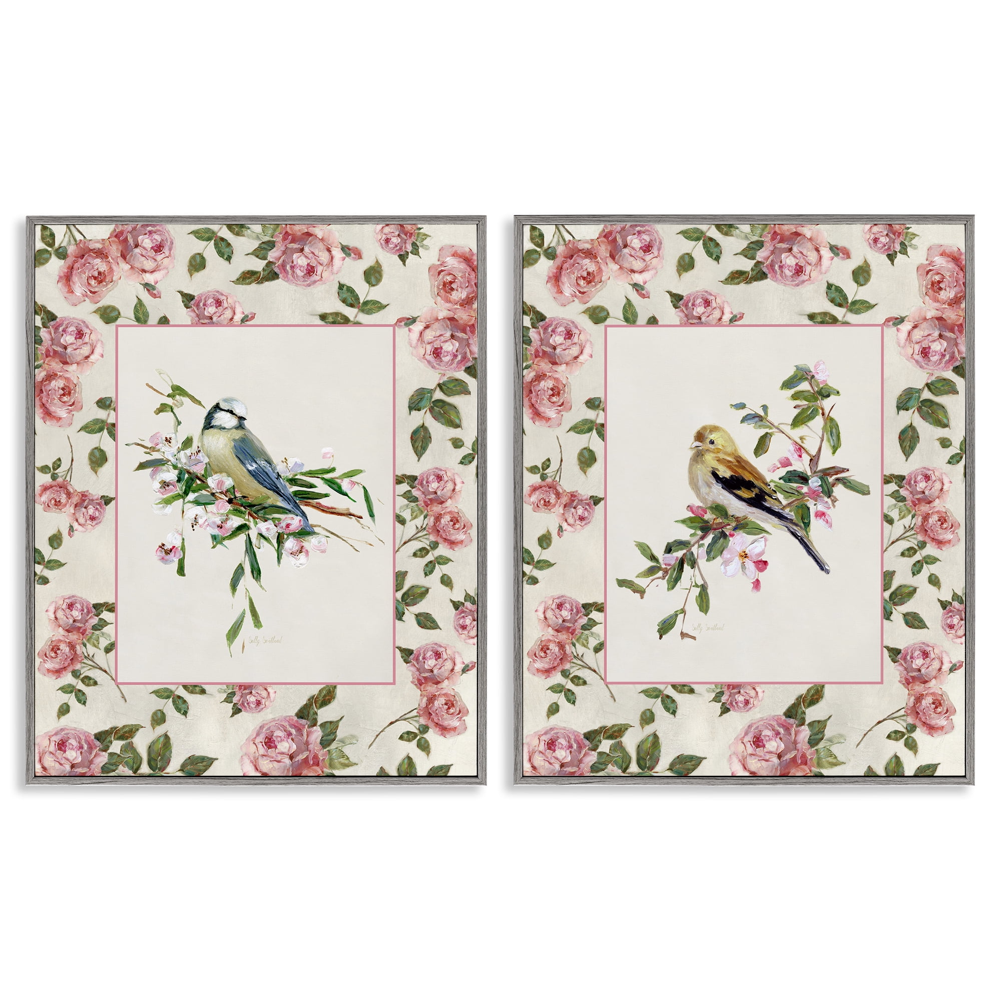 Stupell Industries Dainty Roses & Birds 2 Piece Gray Framed Giclee Art Set, design by Sally Swatland