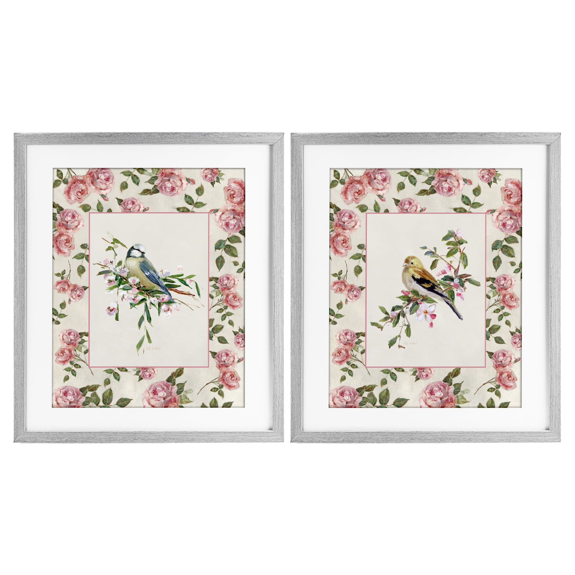 Stupell Industries Dainty Roses & Birds 2 Piece Gray Framed Print Under Glass Set, design by Sally Swatland