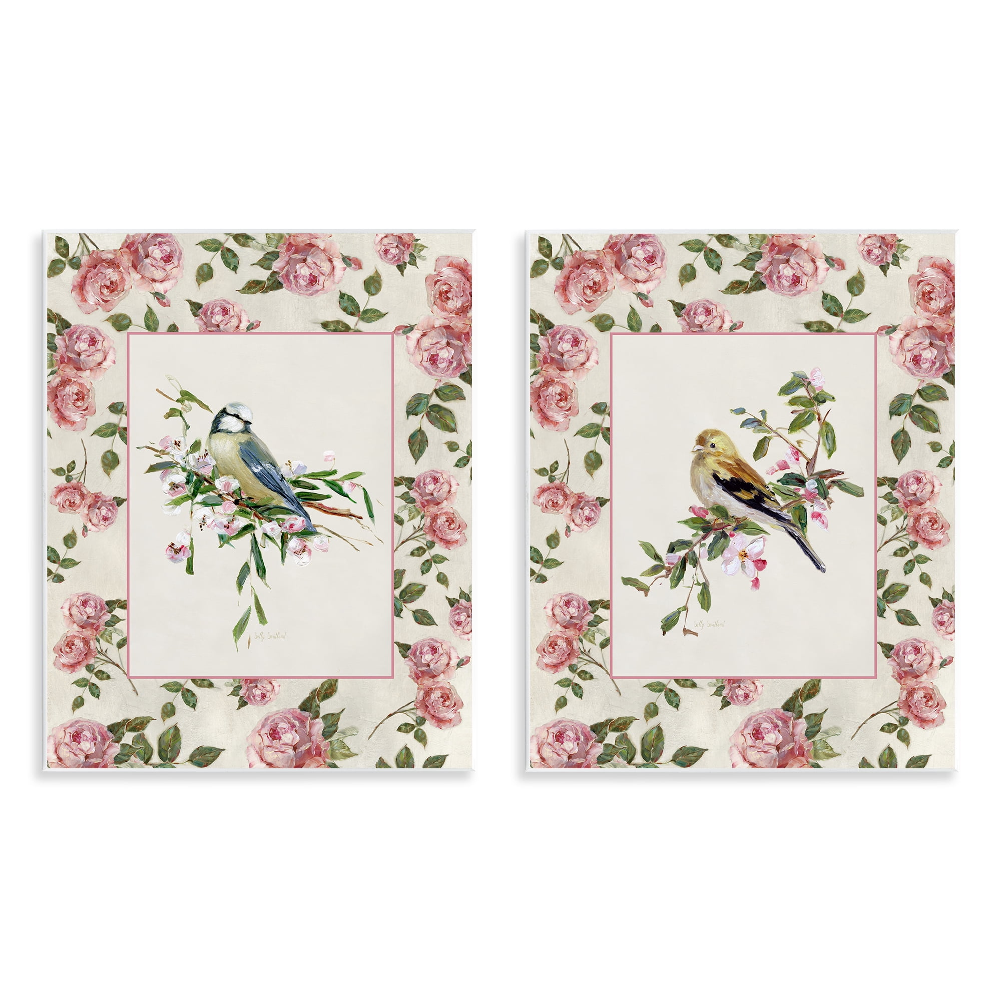 Stupell Industries Dainty Roses & Birds 2 Piece Wall Plaque Art Set, design by Sally Swatland