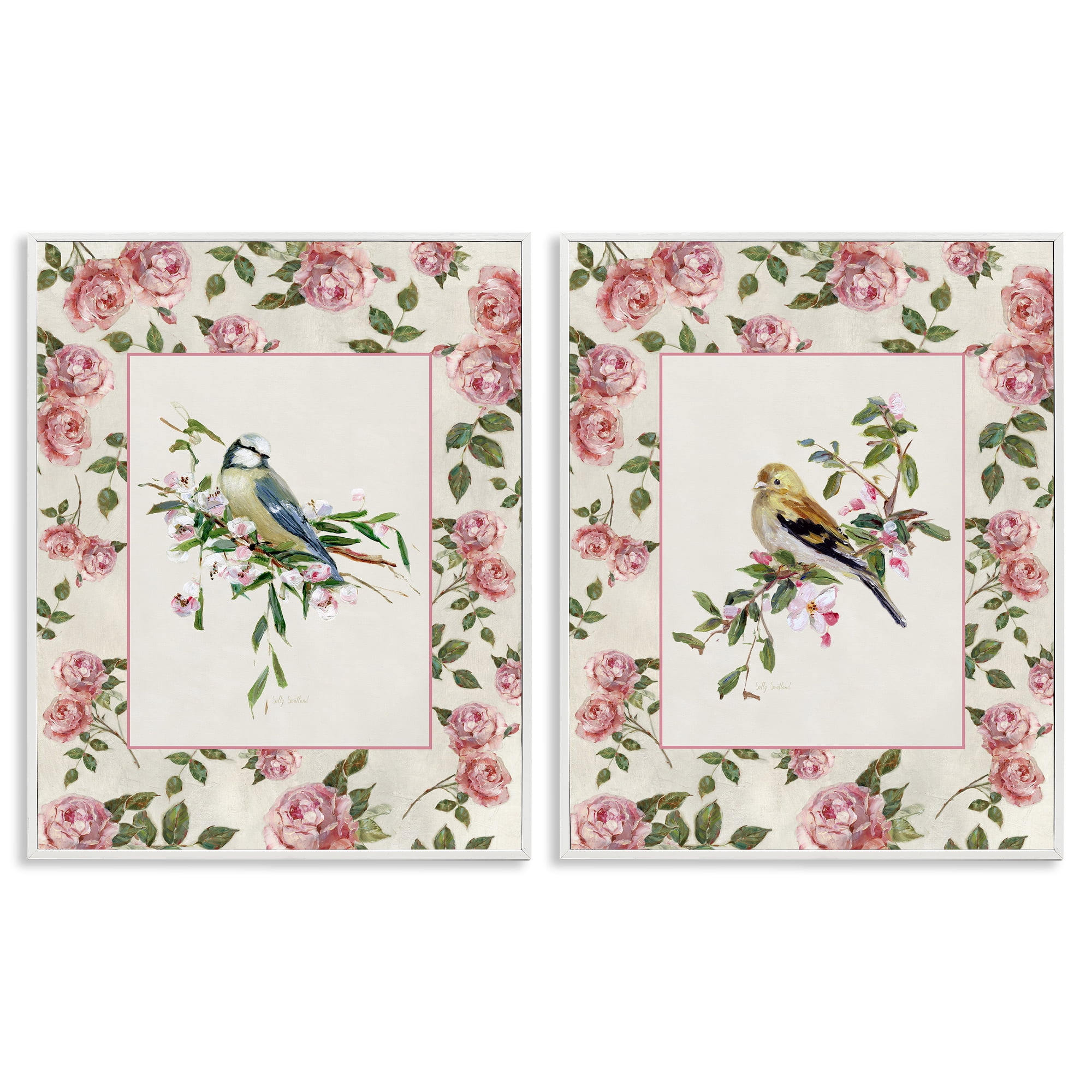 Stupell Industries Dainty Roses & Birds 2 Piece White Framed Giclee Art Set, design by Sally Swatland