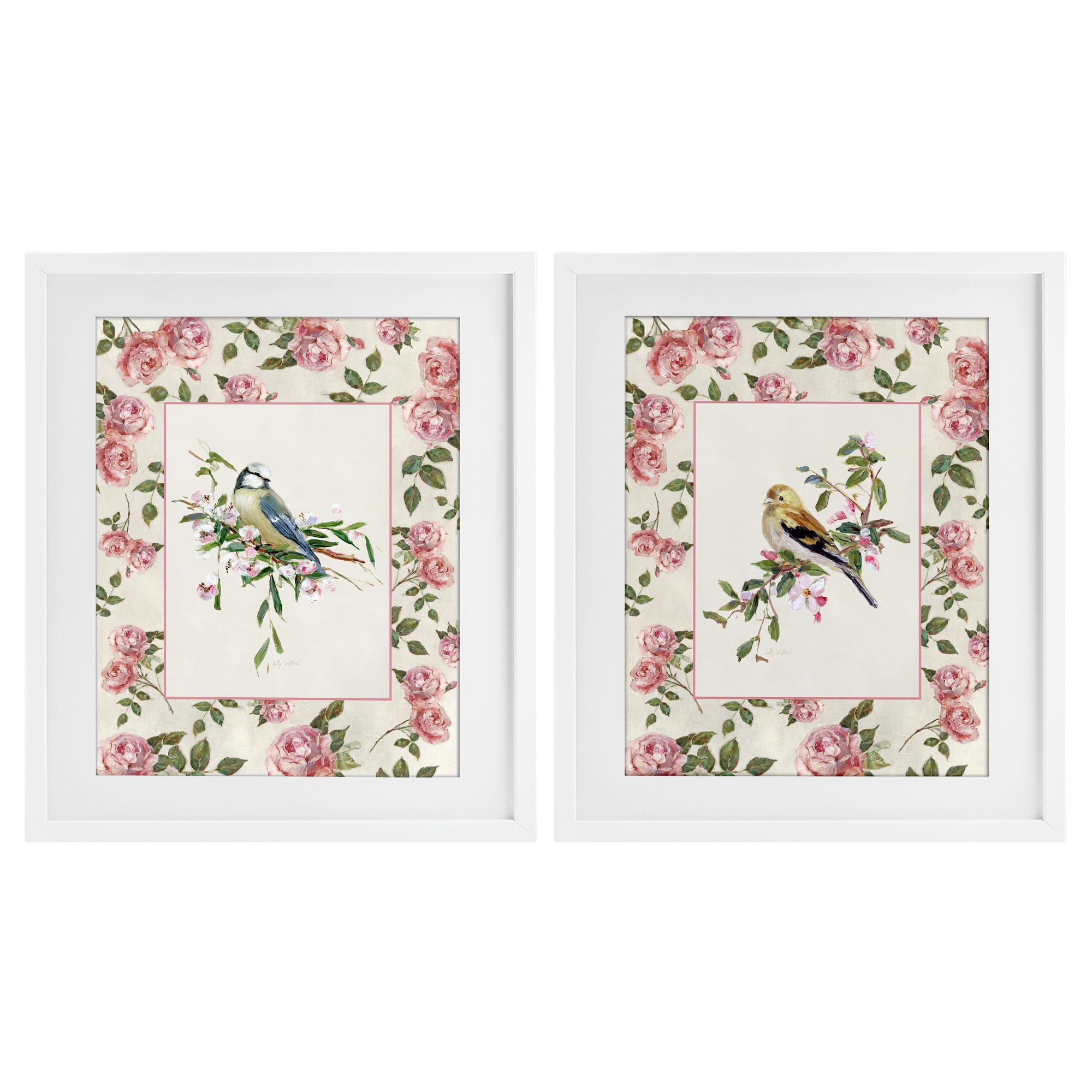 Stupell Industries Dainty Roses & Birds 2 Piece White Framed Print Under Glass Set, design by Sally Swatland