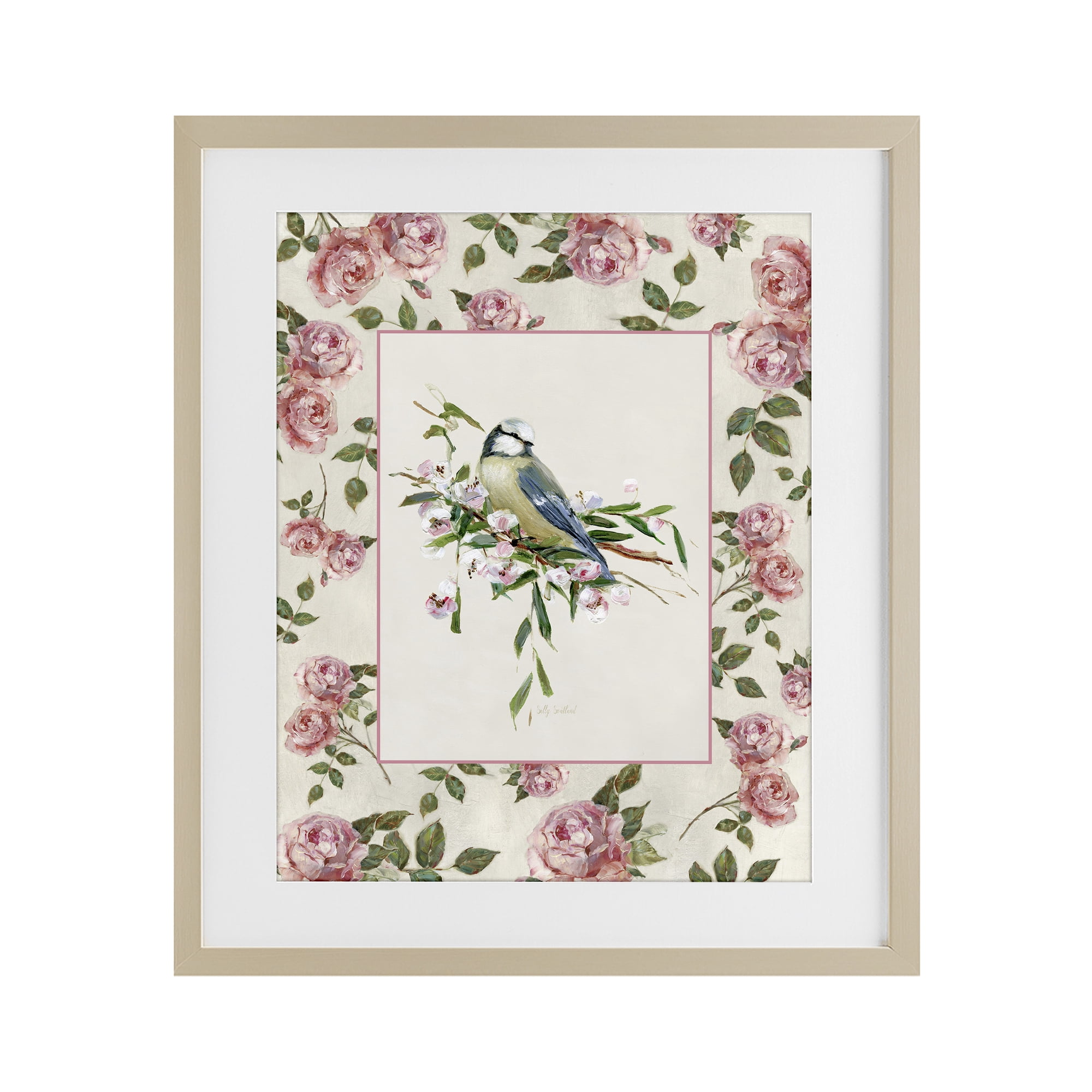 Stupell Industries Dainty Roses & Perched Bird Birch Framed Print Under Glass, design by Sally Swatland