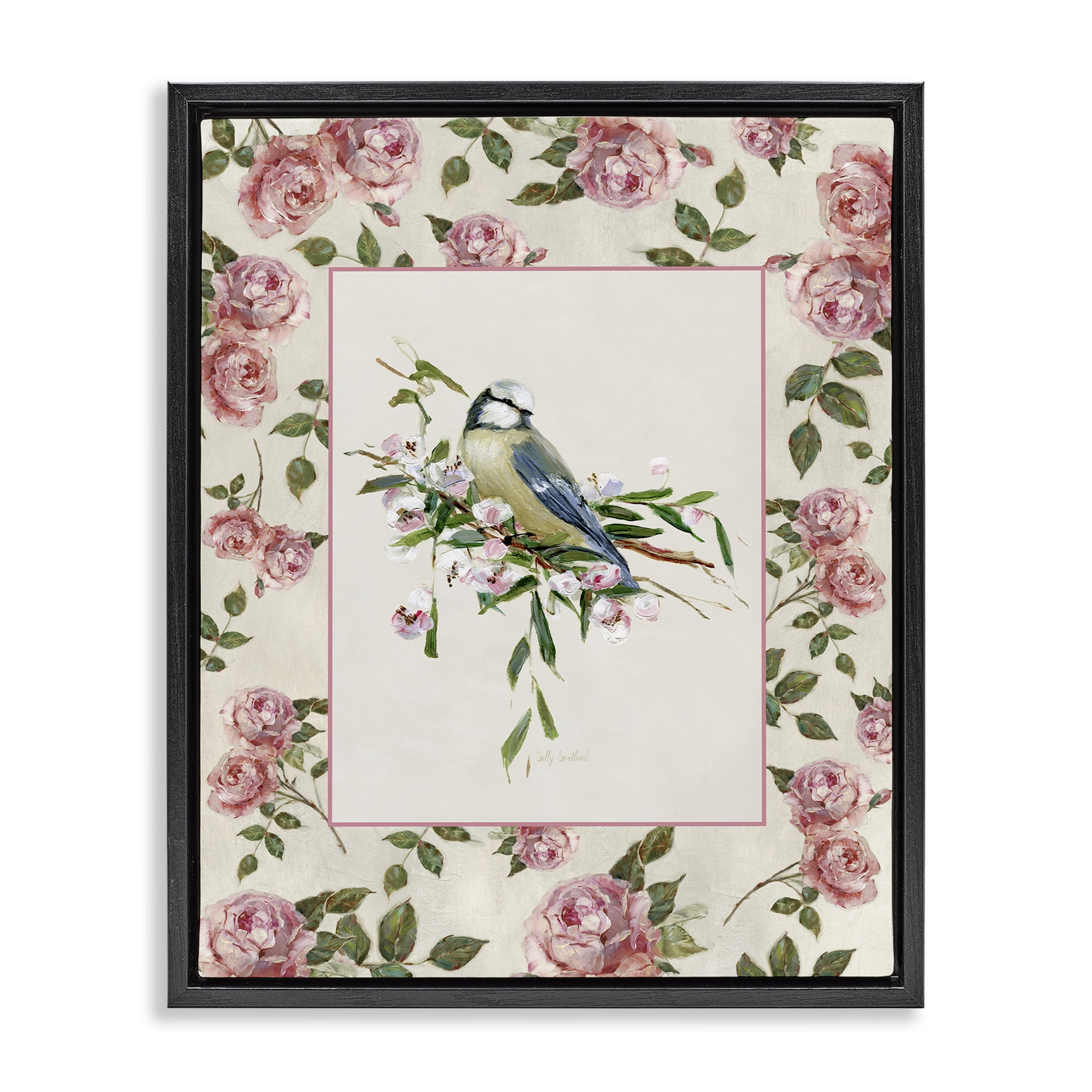 Stupell Industries Dainty Roses & Perched Bird Black Framed Floater Canvas Wall Art, design by Sally Swatland