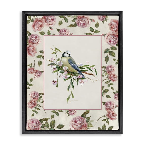Stupell Industries Cottage Dainty Roses & Perched Bird Black Floating Frame Canvas Art, 17 x 21, by Sally Swatland