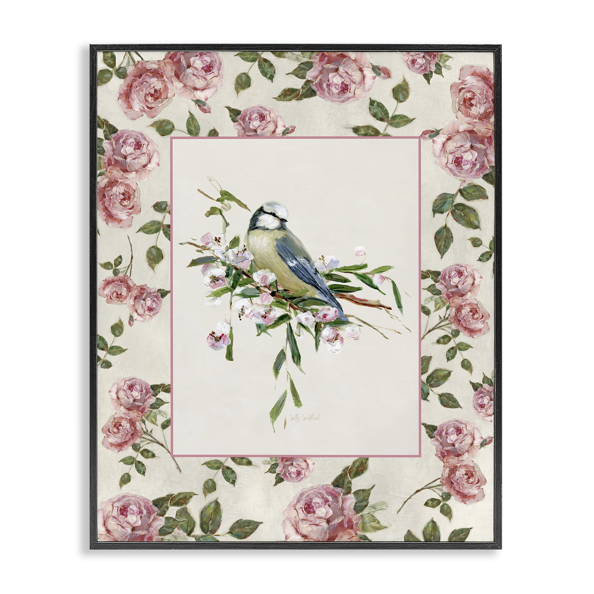 Stupell Industries Dainty Roses & Perched Bird Black Framed Giclee Art, design by Sally Swatland
