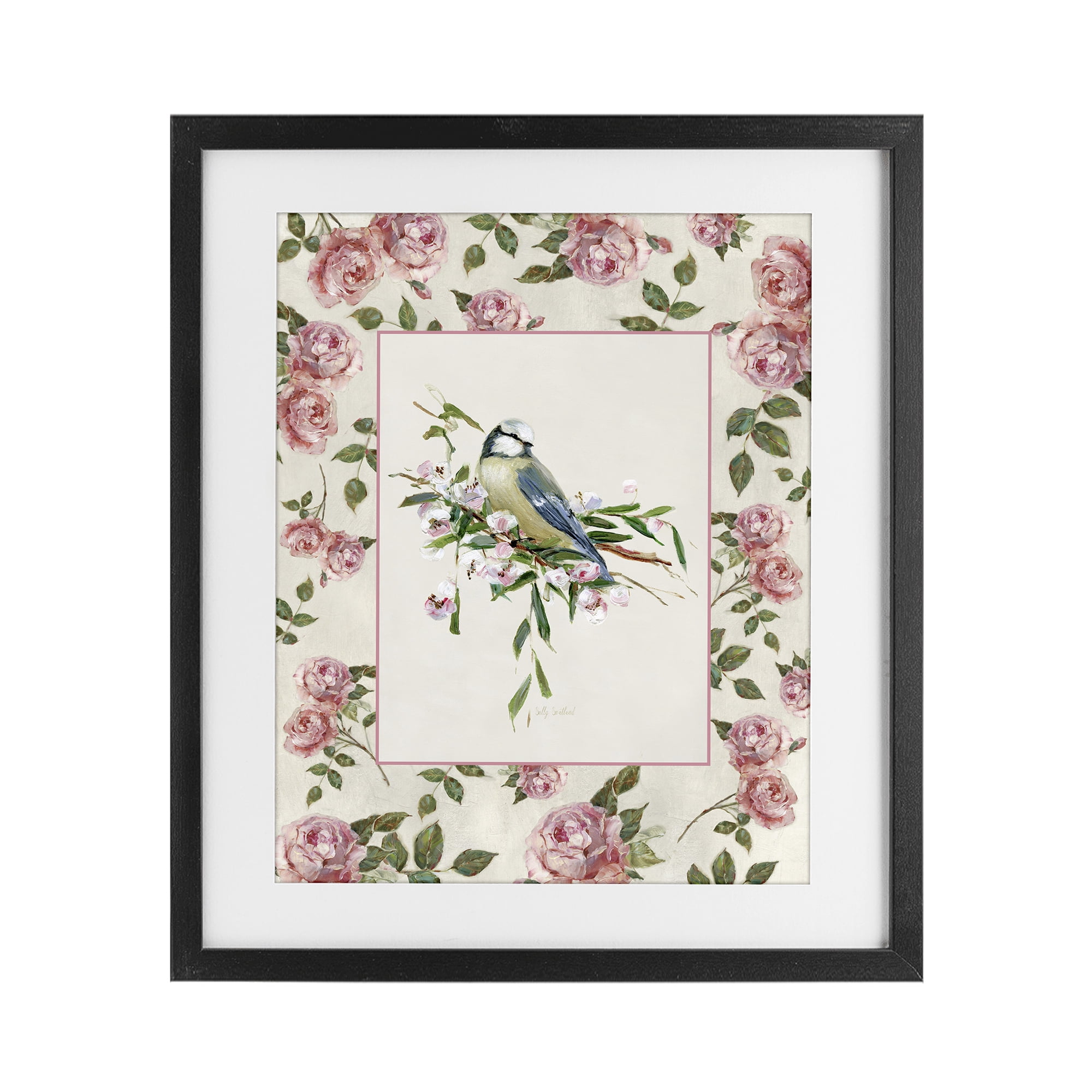 Stupell Industries Dainty Roses & Perched Bird Black Framed Print Under Glass, design by Sally Swatland