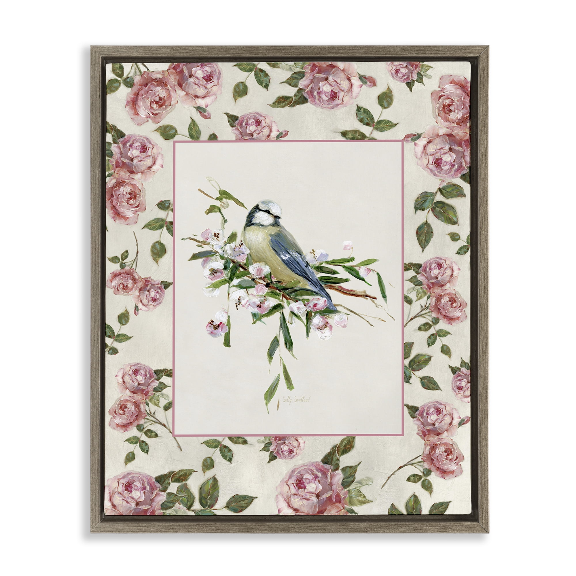 Stupell Industries Dainty Roses & Perched Bird Brown Framed Floater Canvas Wall Art, design by Sally Swatland