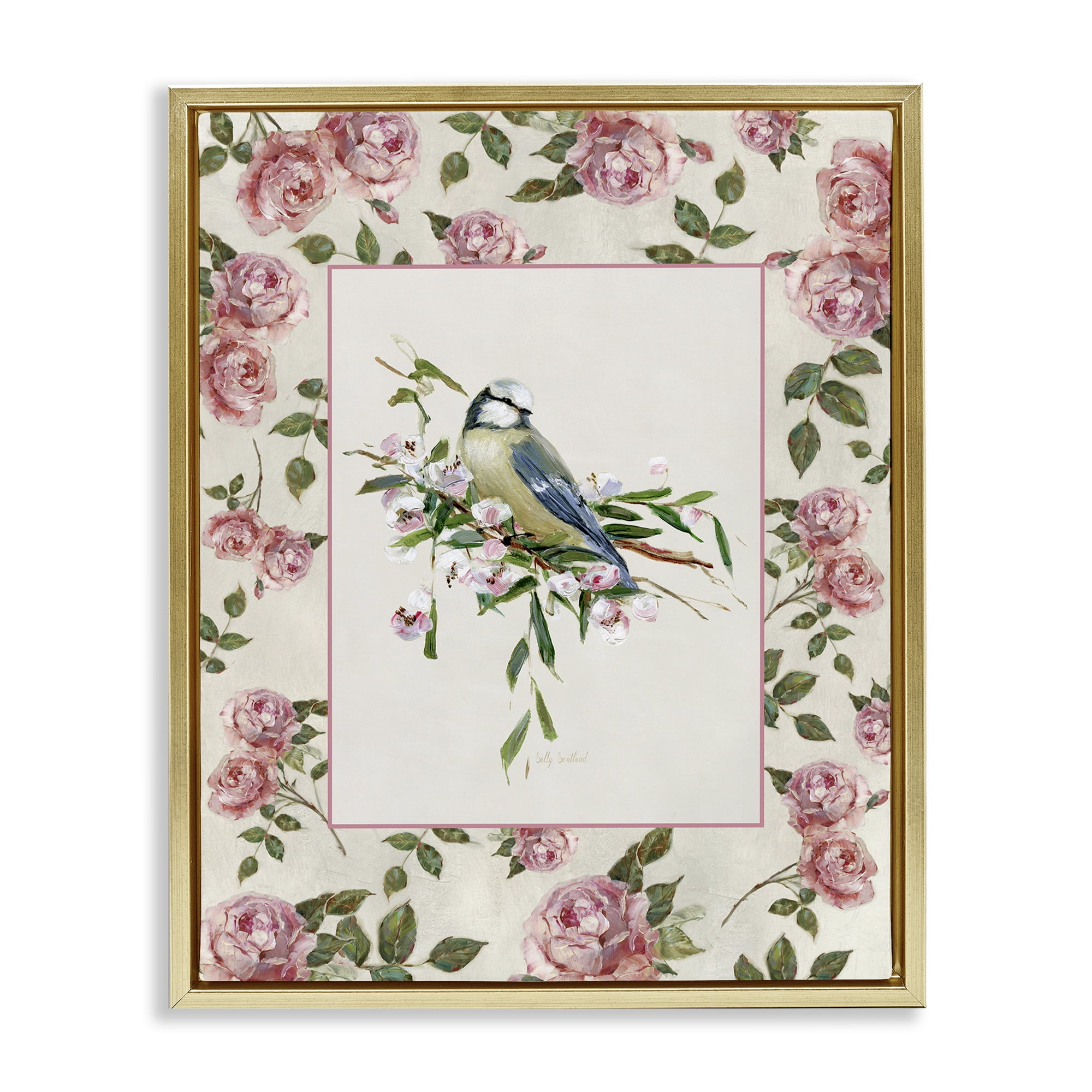 Stupell Industries Dainty Roses & Perched Bird Gold Framed Floater Canvas Wall Art, design by Sally Swatland