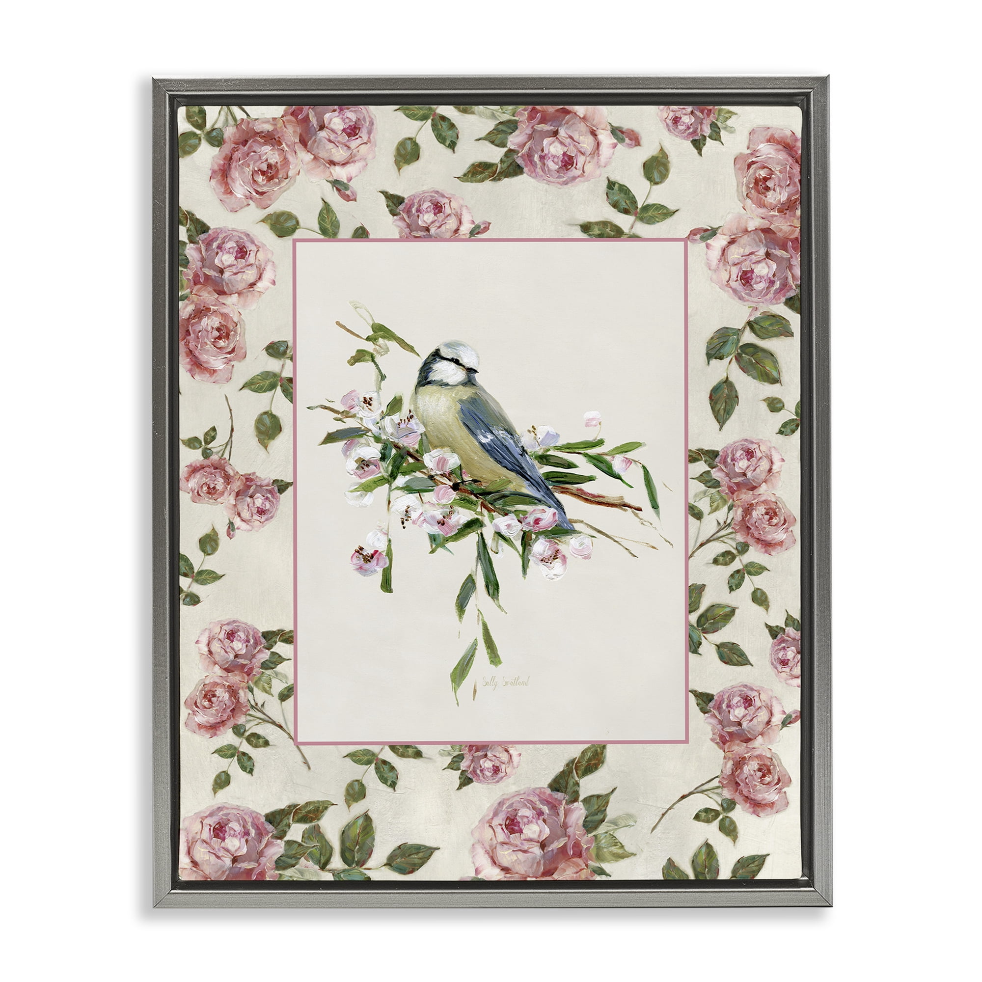 Stupell Industries Dainty Roses & Perched Bird Gray Framed Floater Canvas Wall Art, design by Sally Swatland
