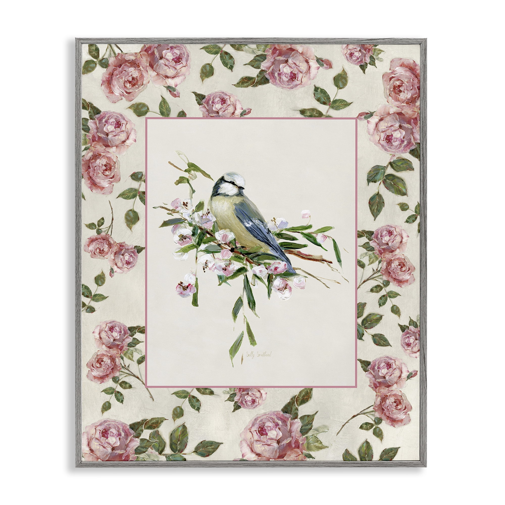 Stupell Industries Dainty Roses & Perched Bird Gray Framed Giclee Art, design by Sally Swatland