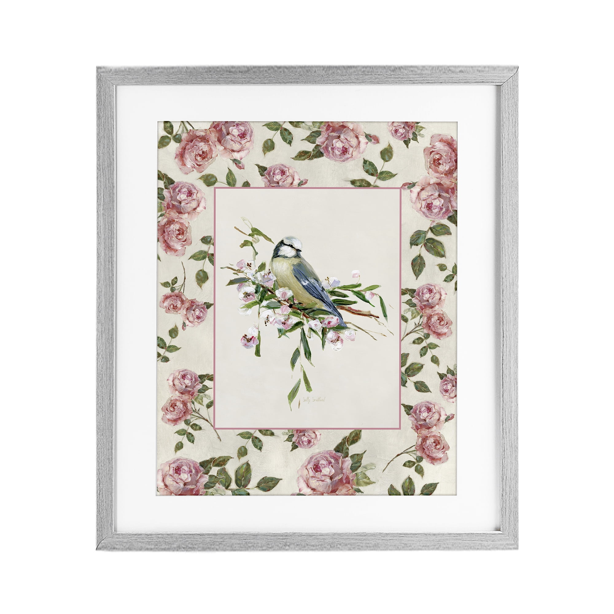 Stupell Industries Dainty Roses & Perched Bird Gray Framed Print Under Glass, design by Sally Swatland