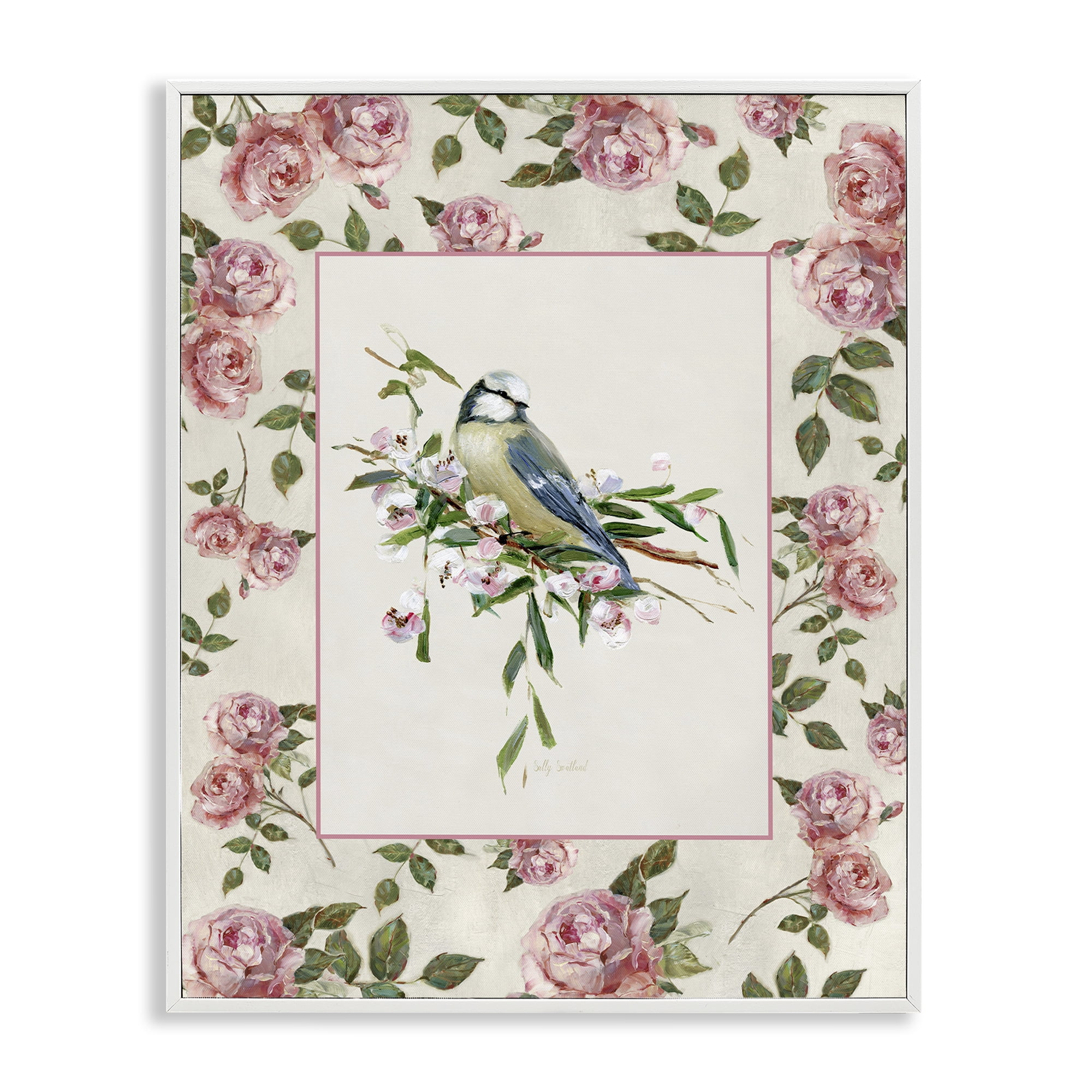 Stupell Industries Dainty Roses & Perched Bird White Framed Giclee Art, design by Sally Swatland