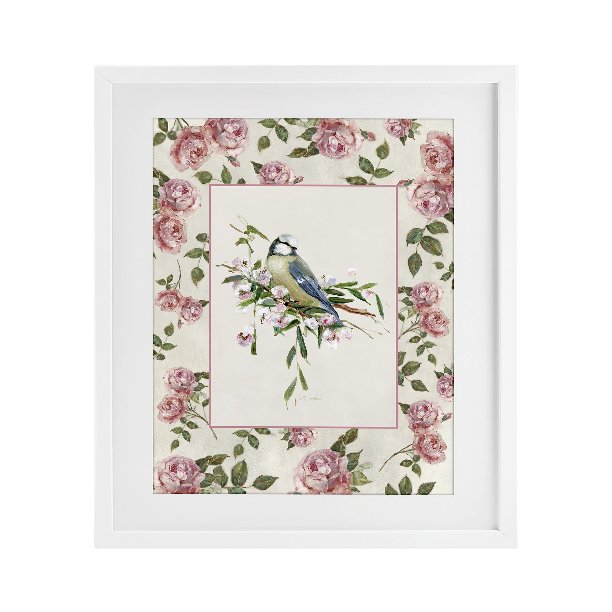 Stupell Industries Dainty Roses & Perched Bird White Framed Print Under Glass, design by Sally Swatland