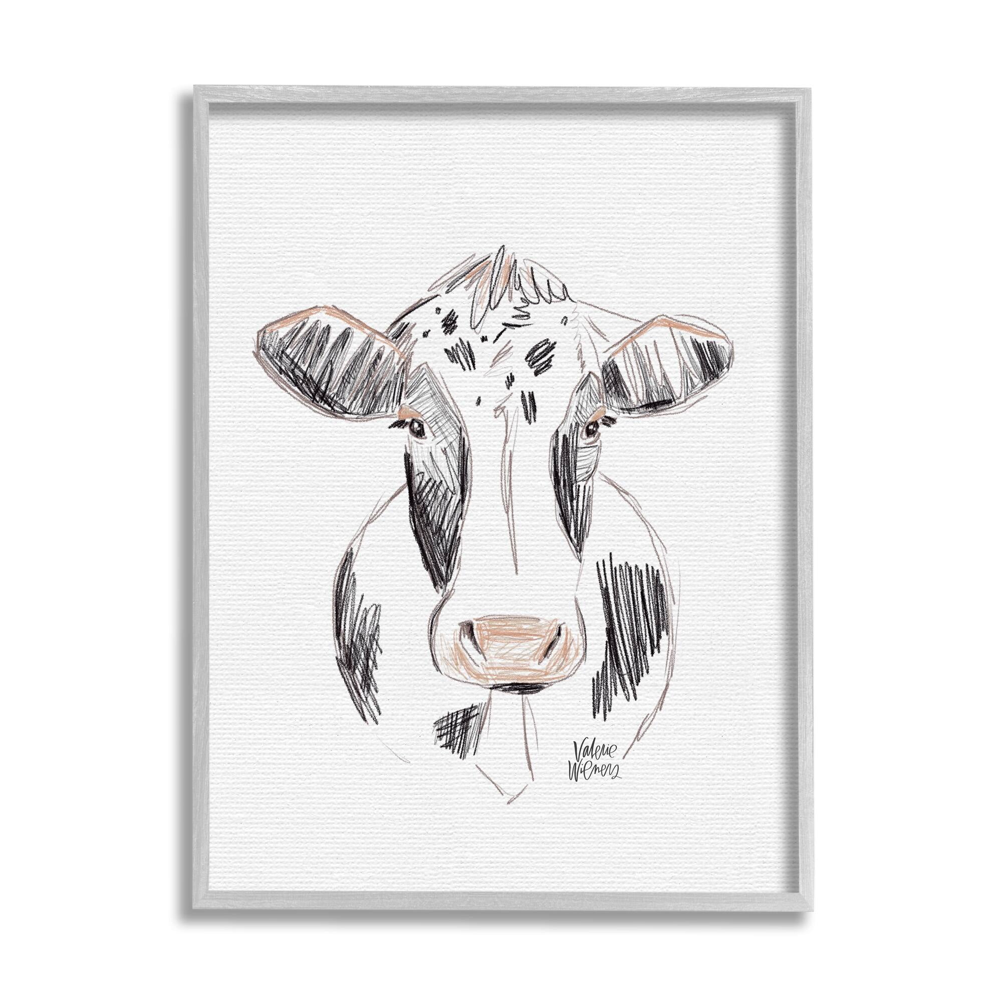 Stupell Industries Dairy Cow Farm Animal Sketch Style Drawing Drawing Print Gray Framed Art Print Wall Art, Design by Valerie Wieners