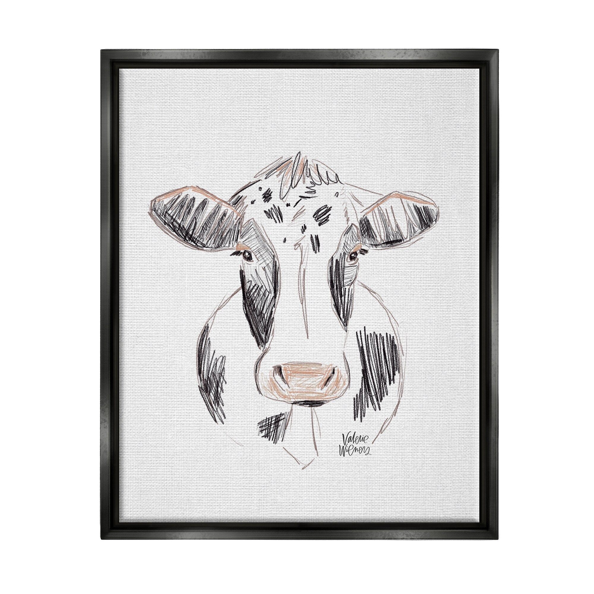 Stupell Industries Dairy Cow Farm Animal Sketch Style Drawing Drawing Print Jet Black Floating Framed Canvas Print Wall Art, Design by Valerie Wieners