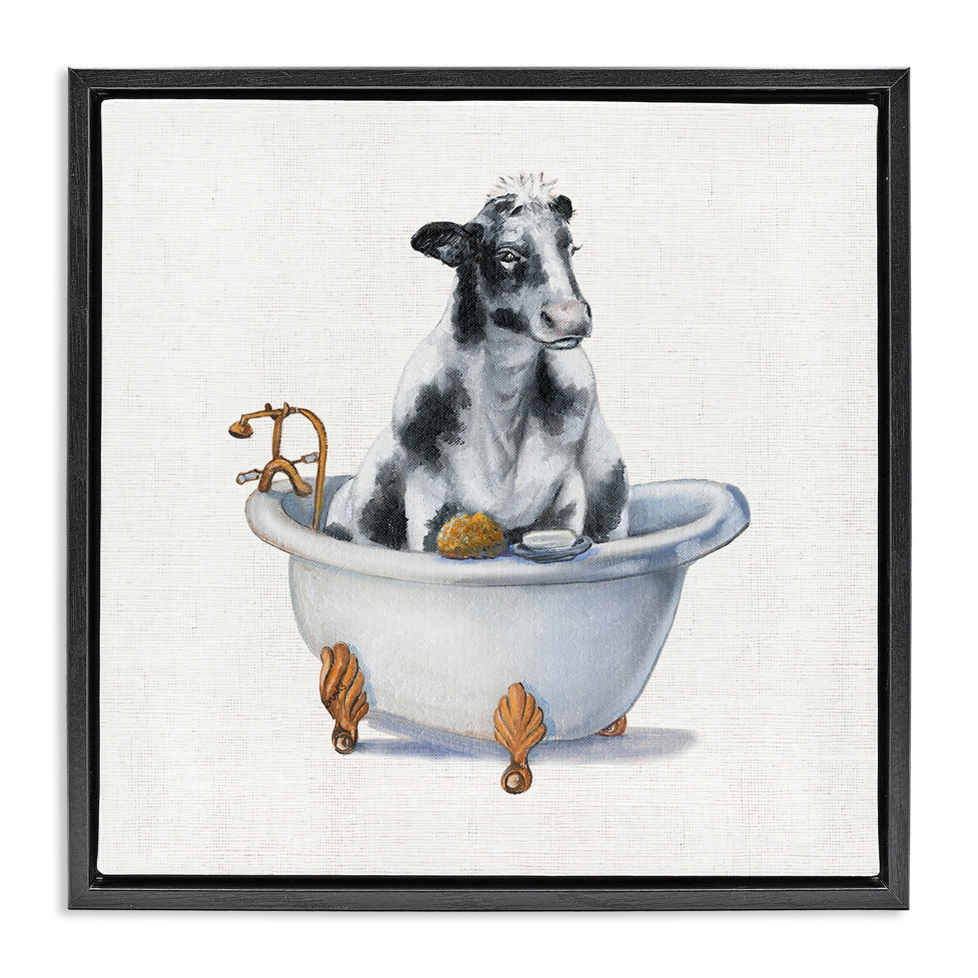 Stupell Industries Dairy Cow in Bathtub Animals & Insects Painting Black Floater Framed Canvas Art Print Wall Art, 25 x 25
