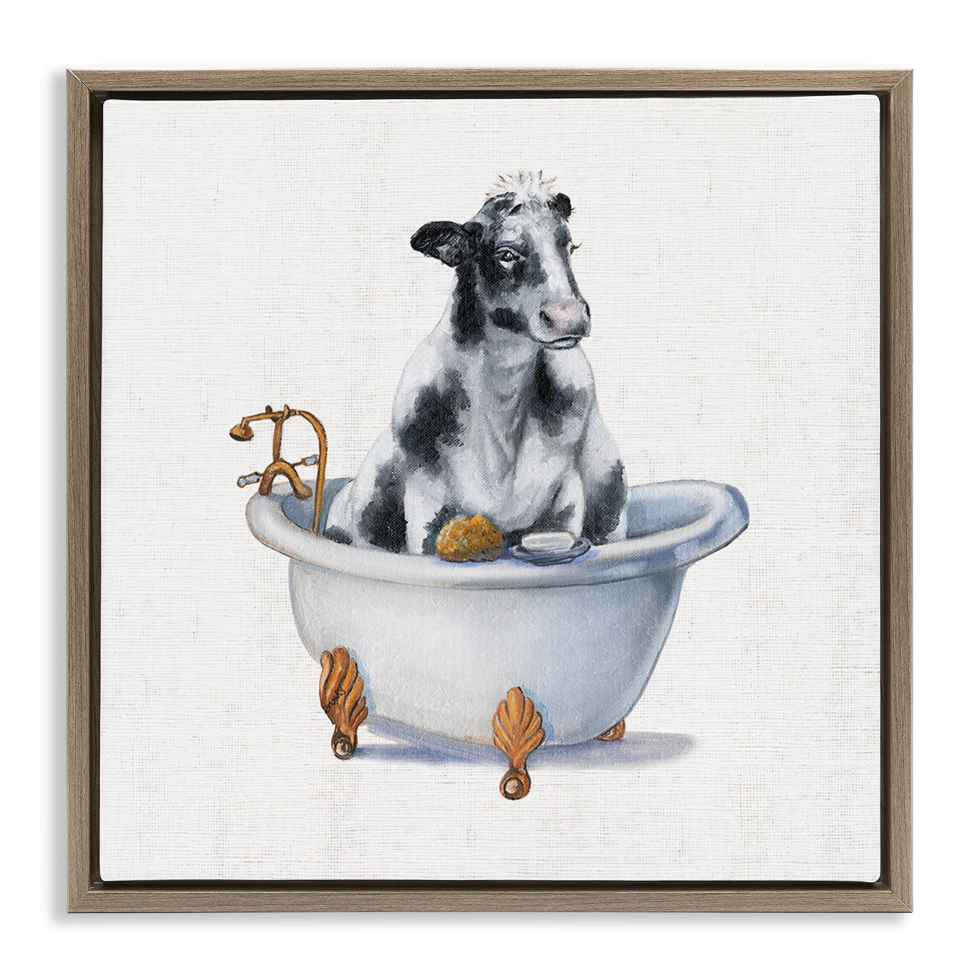 Stupell Industries Dairy Cow in Bathtub Animals & Insects Painting Brown Floater Framed Canvas Art Print Wall Art, 18 x 18