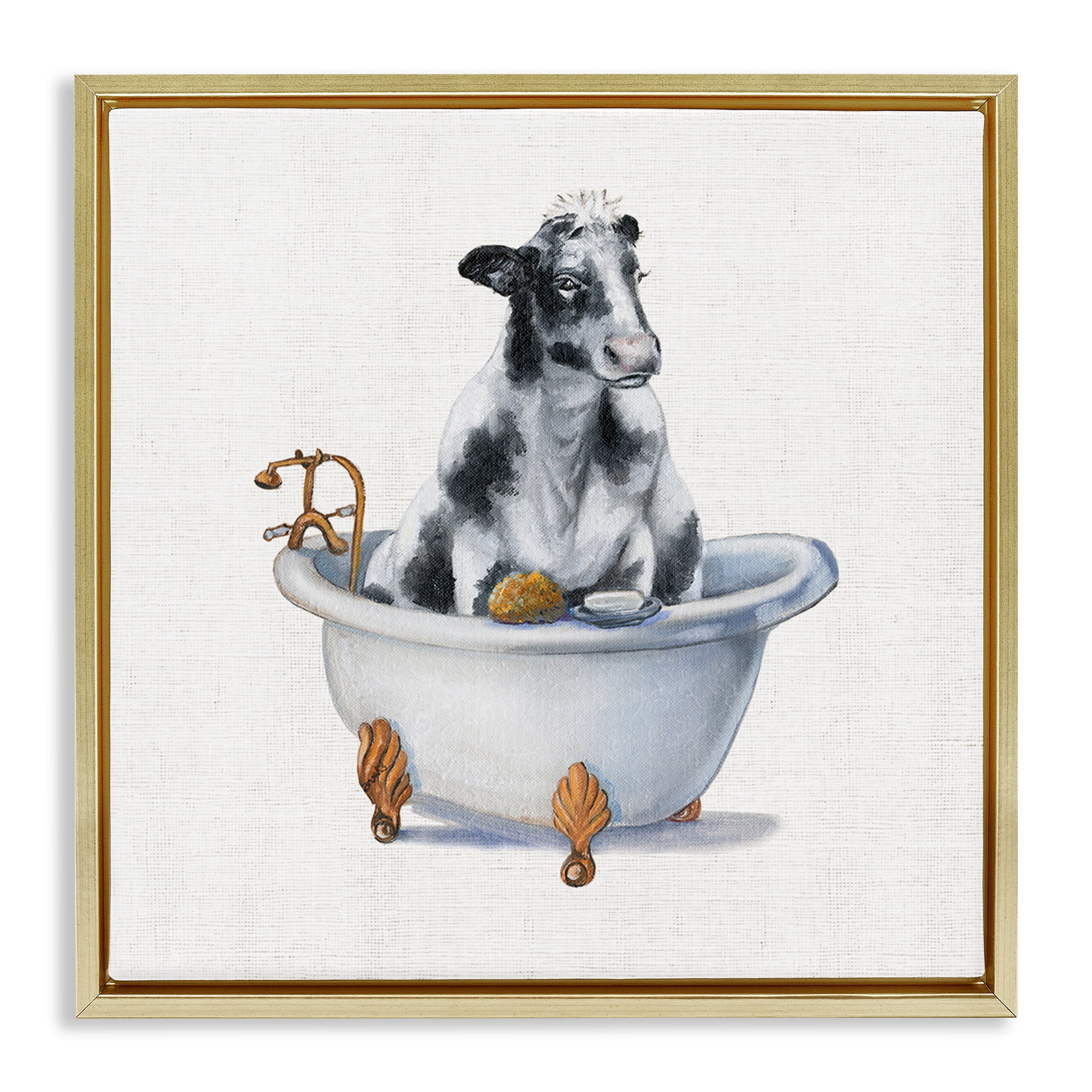 Stupell Industries Dairy Cow in Bathtub Animals & Insects Painting Gold Floater Framed Canvas Art Print Wall Art, 18 x 18