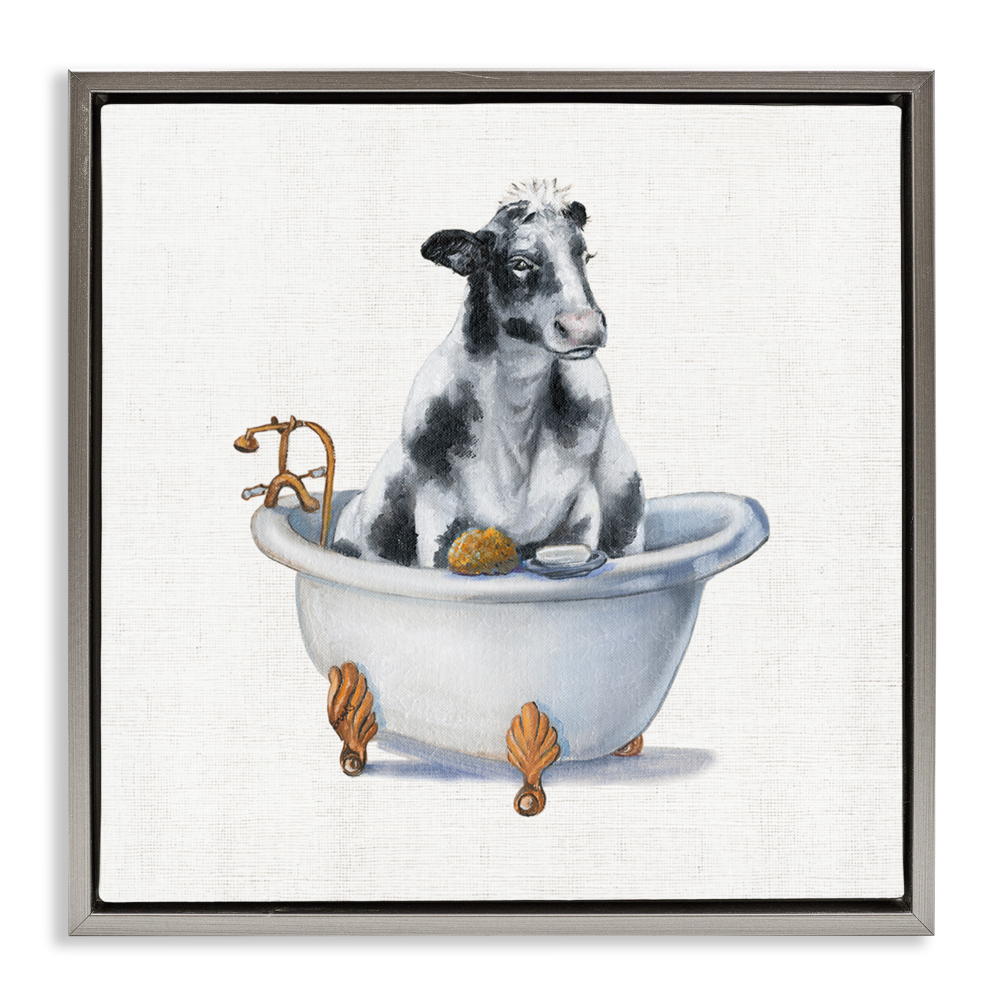 Stupell Industries Dairy Cow in Bathtub Animals & Insects Painting Gray Floater Framed Canvas Art Print Wall Art, 18 x 18