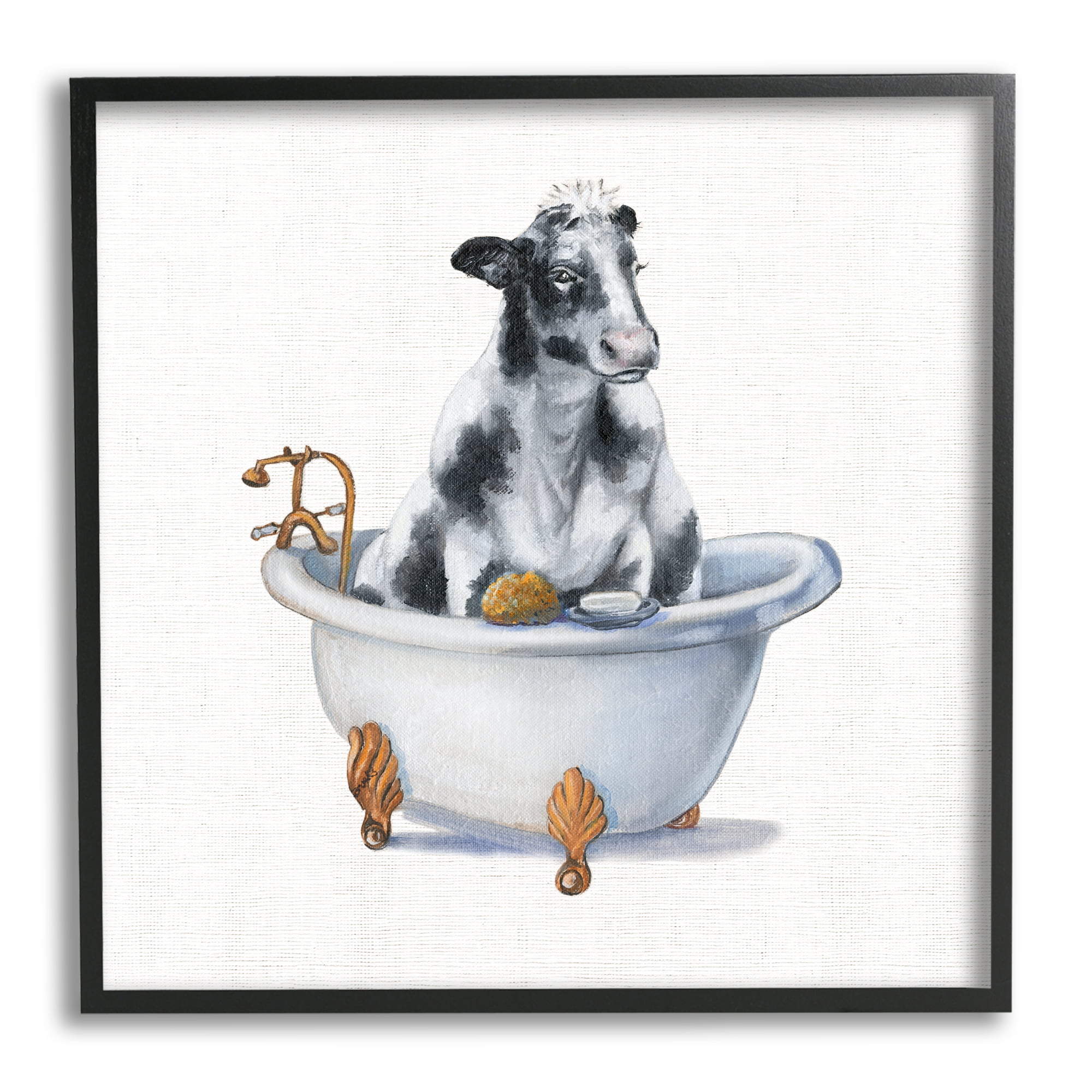 Stupell Industries Dairy Cow in Bathtub Country Farm Animal Animals & Insects Painting Black Framed Art Print Wall Art, 24 x 24