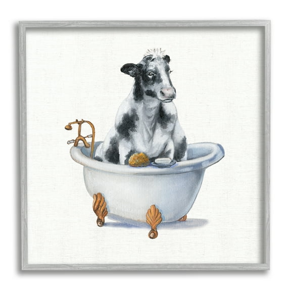 Stupell Industries Dairy Cow in Bathtub Country Farm Animal Animals & Insects Painting Gray Framed Art Print Wall Art, 24 x 24