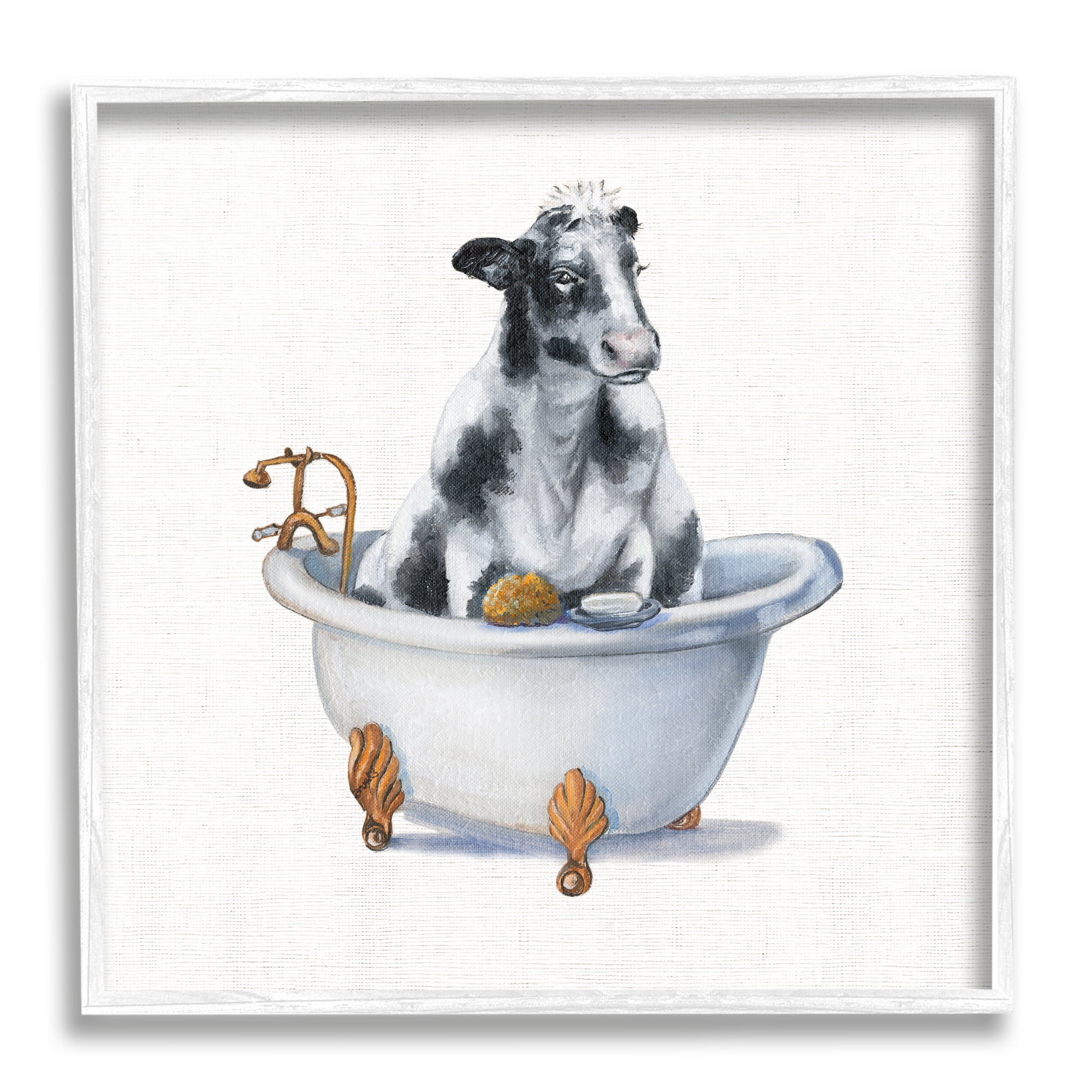 Whimsical Dairy Cow in Bathtub White Framed Wall Art