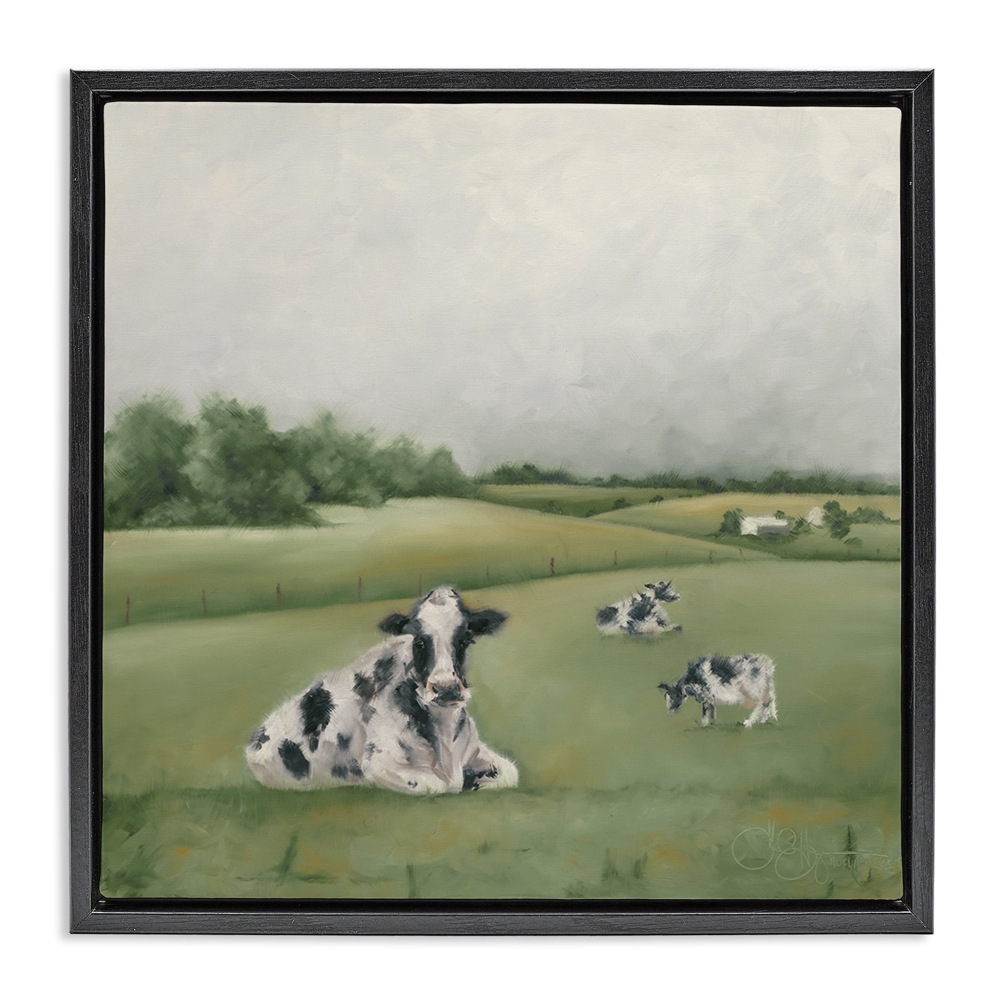 Stupell Industries Dairy Cows Grazing in Green Field Landscape Painting Black Floater Framed Canvas Art Print Wall Art, 25 x 25
