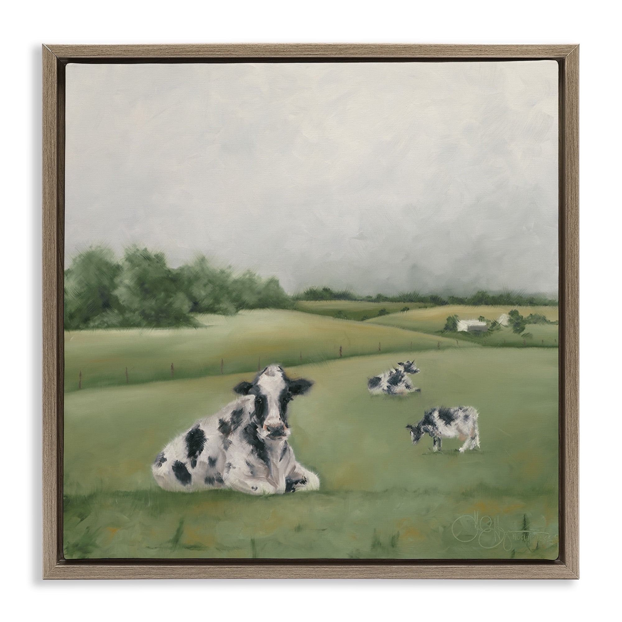Stupell Industries Dairy Cows Grazing in Green Field Landscape Painting Brown Floater Framed Canvas Art Print Wall Art, 25 x 25