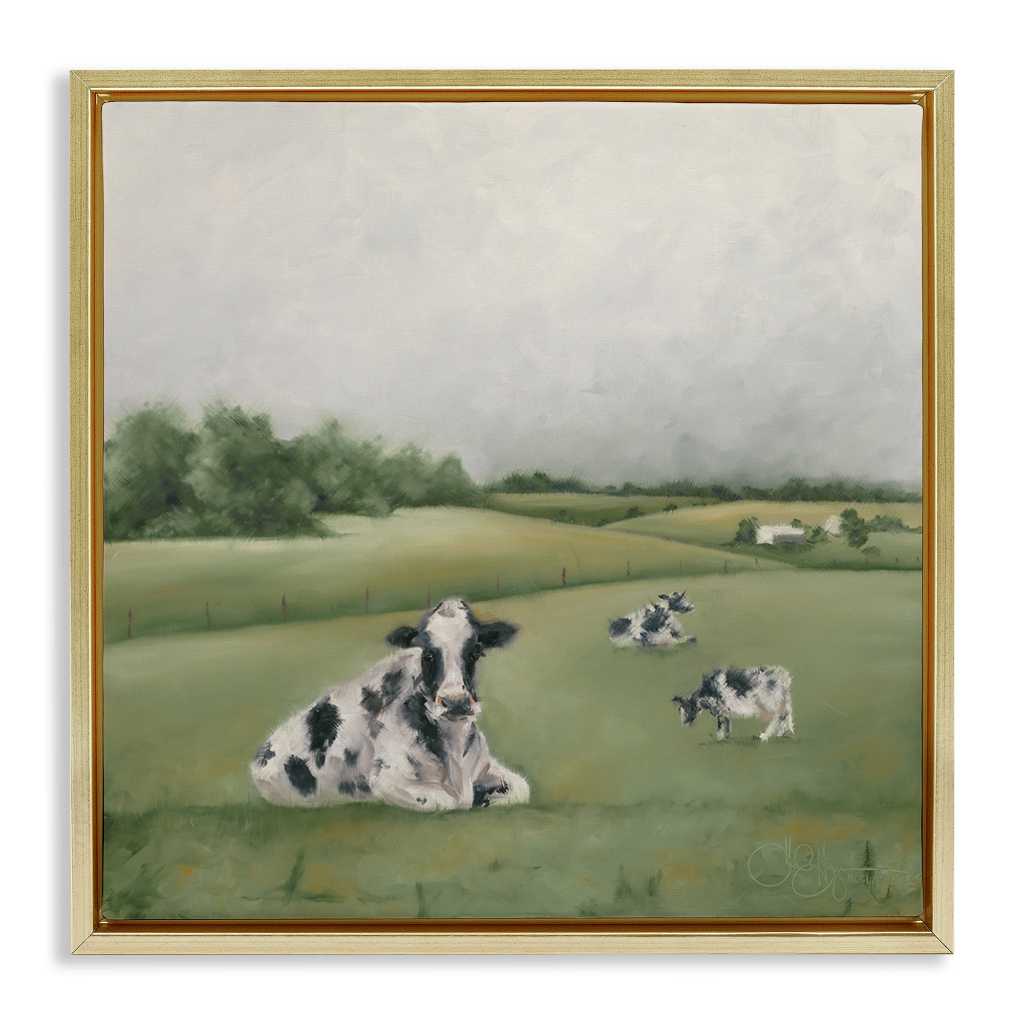 Stupell Industries Dairy Cows Grazing in Green Field Landscape Painting Gold Floater Framed Canvas Art Print Wall Art, 18 x 18