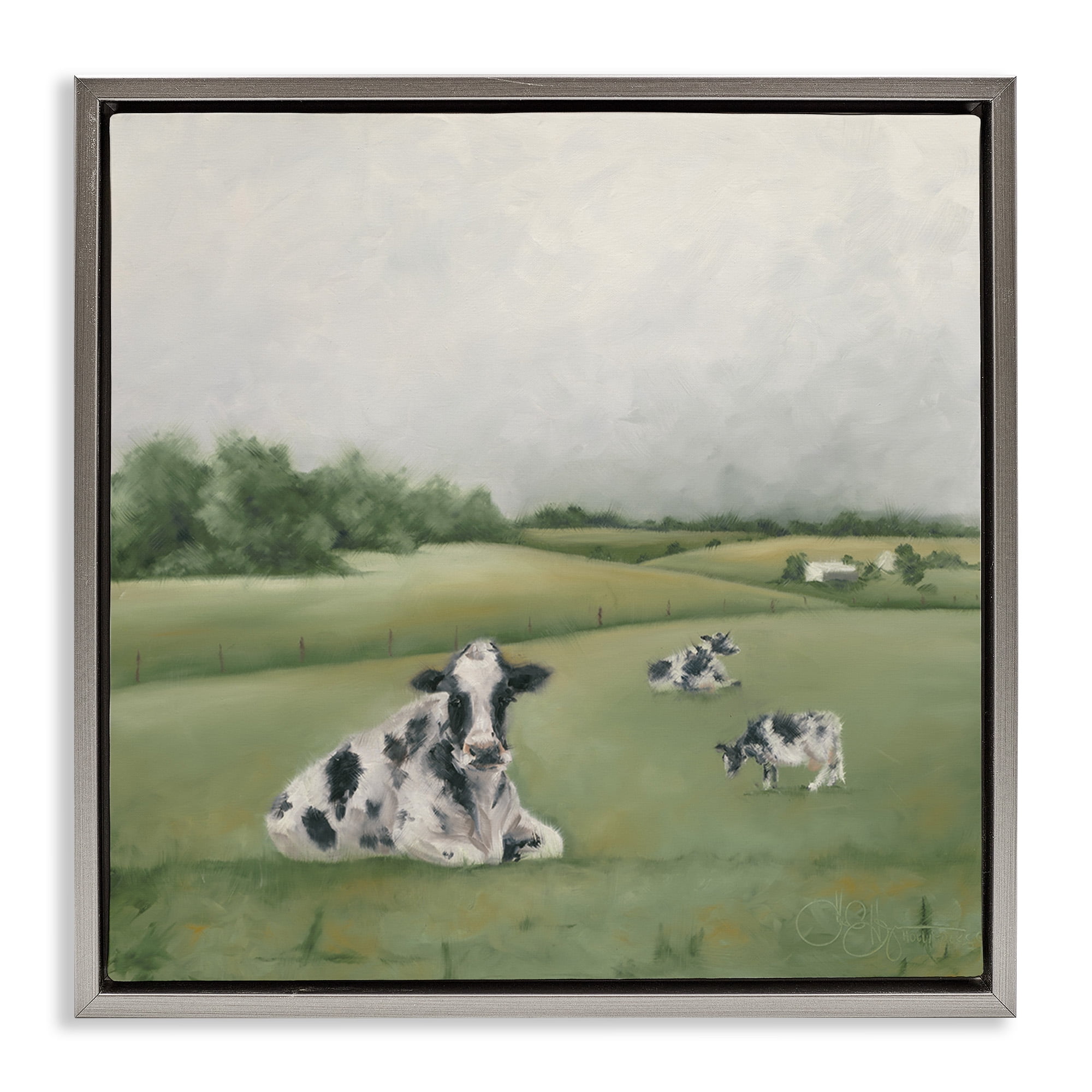 Stupell Industries Dairy Cows Grazing in Green Field Landscape Painting Gray Floater Framed Canvas Art Print Wall Art, 25 x 25
