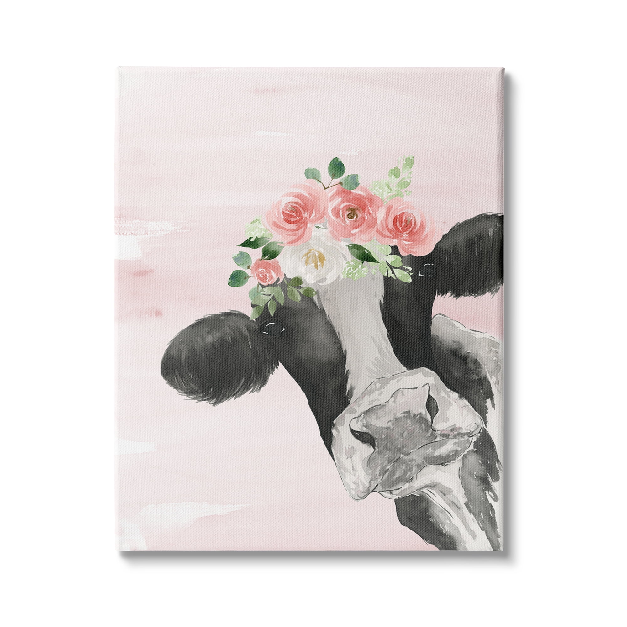 Large Pink Floral Crown Cow Portrait Canvas Wall Art