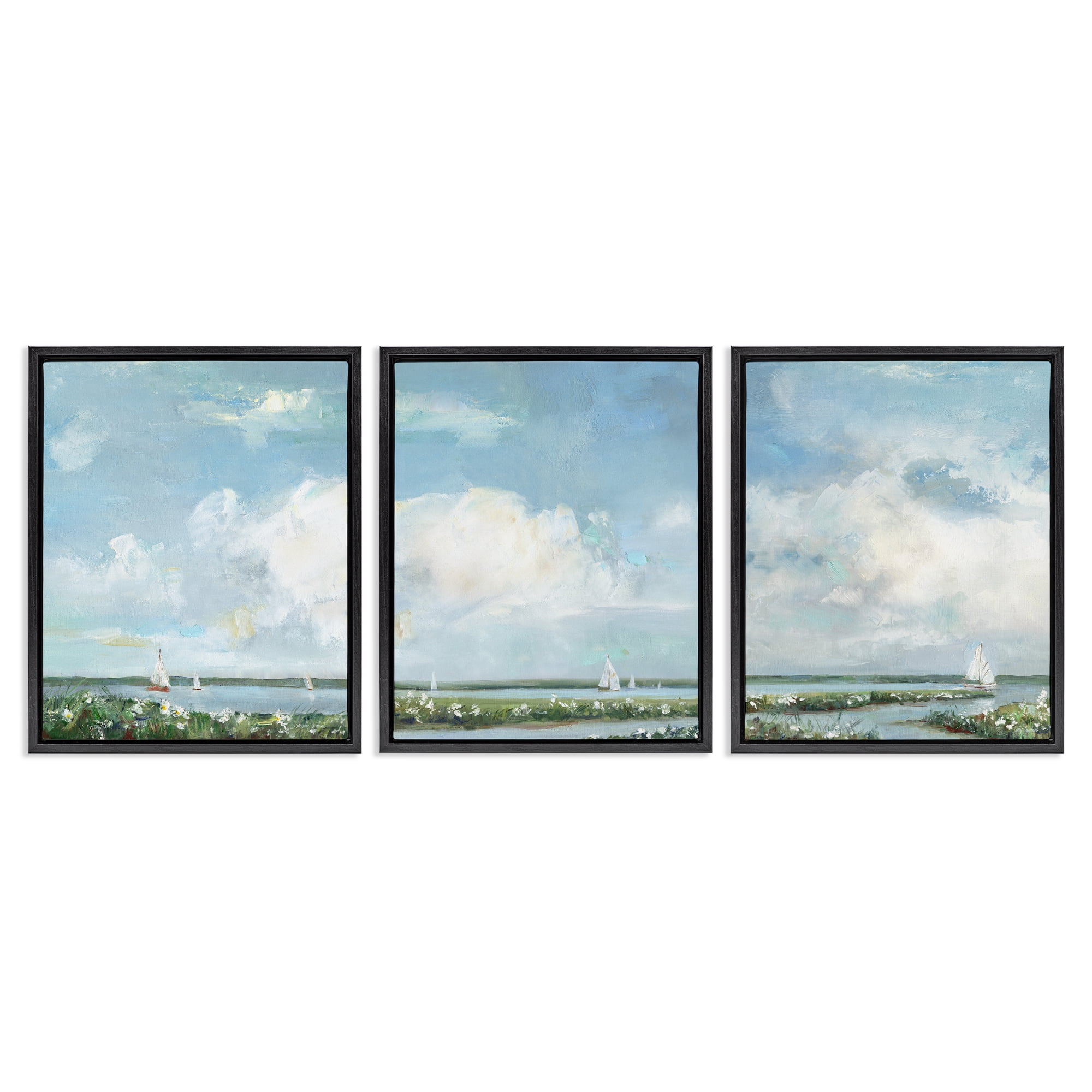 Stupell Industries Daisies Along Calm Coastline 3 Piece Black Framed Floater Canvas Set, design by Sally Swatland
