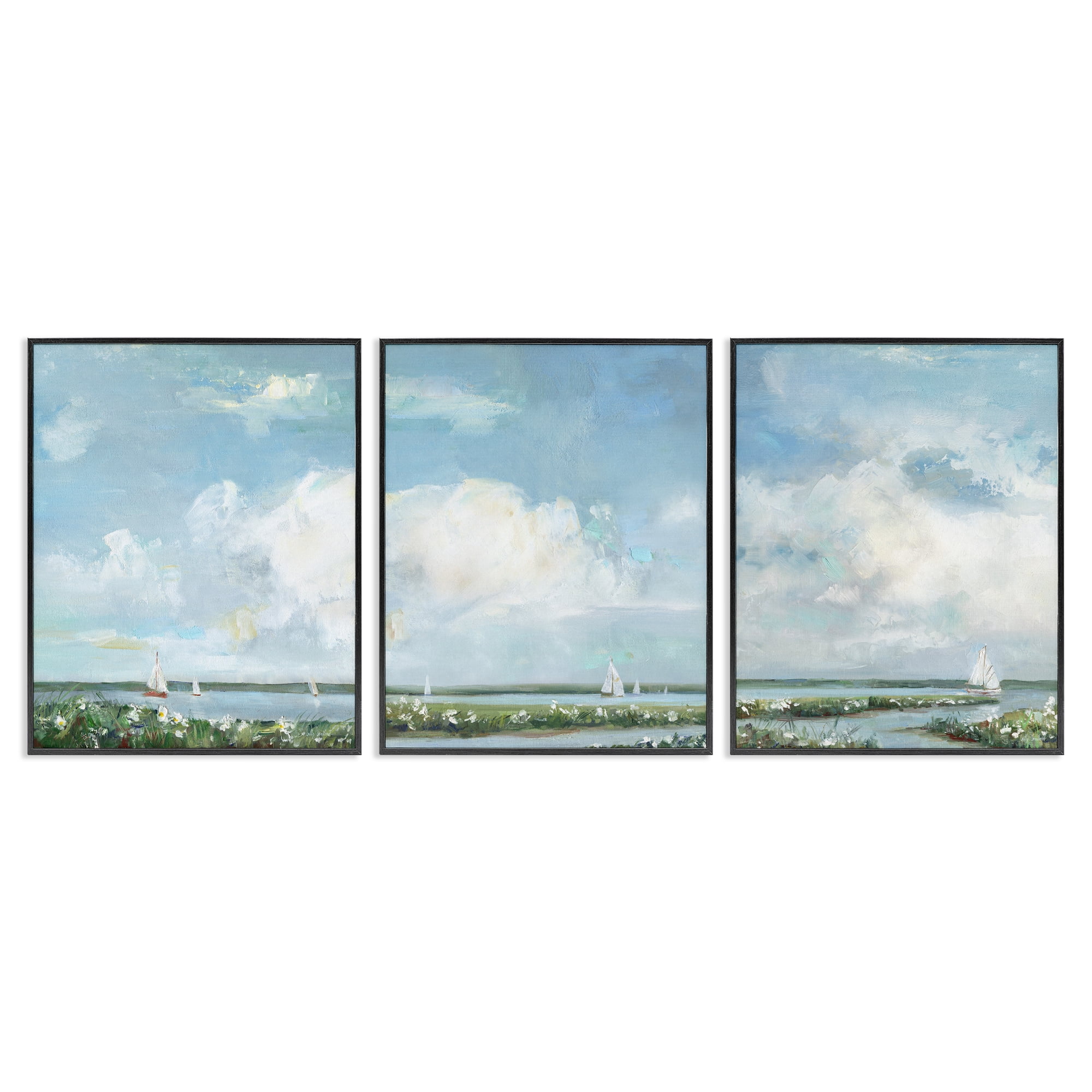 Stupell Industries Daisies Along Calm Coastline 3 Piece Black Framed Giclee Art Set, design by Sally Swatland