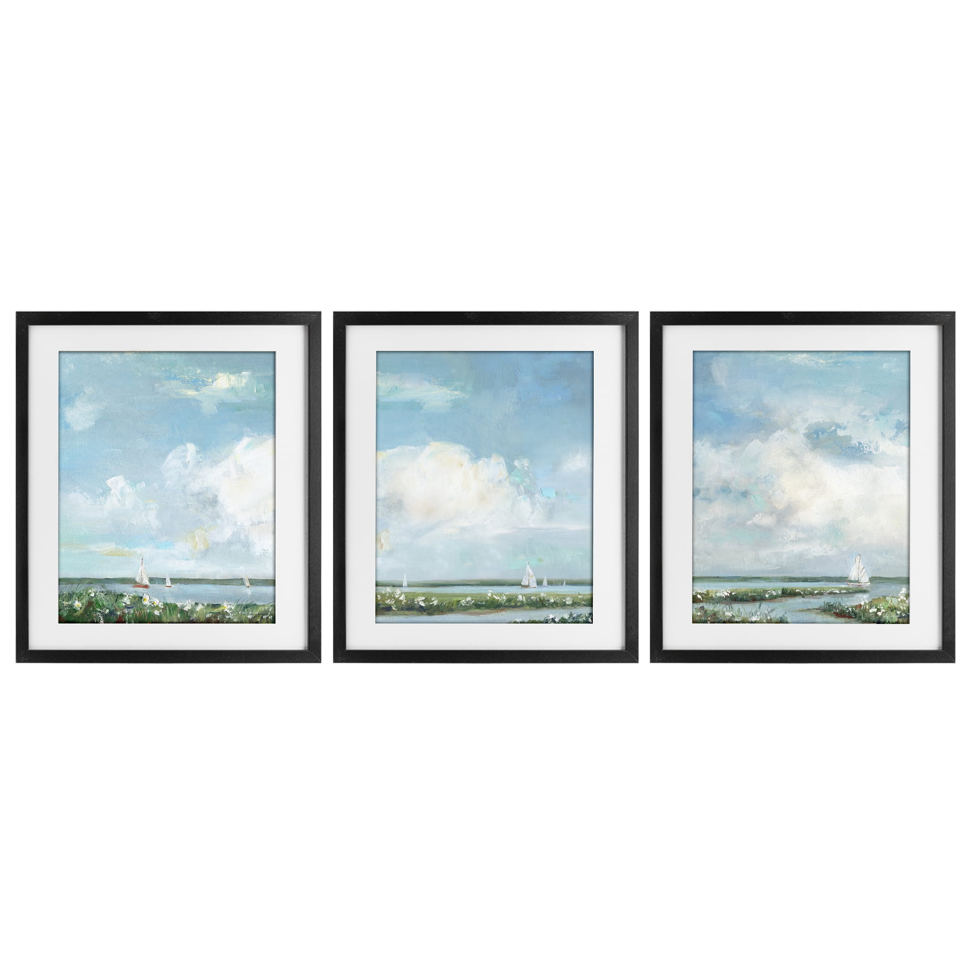 Stupell Industries Daisies Along Calm Coastline 3 Piece Black Framed Print Under Glass Set, design by Sally Swatland
