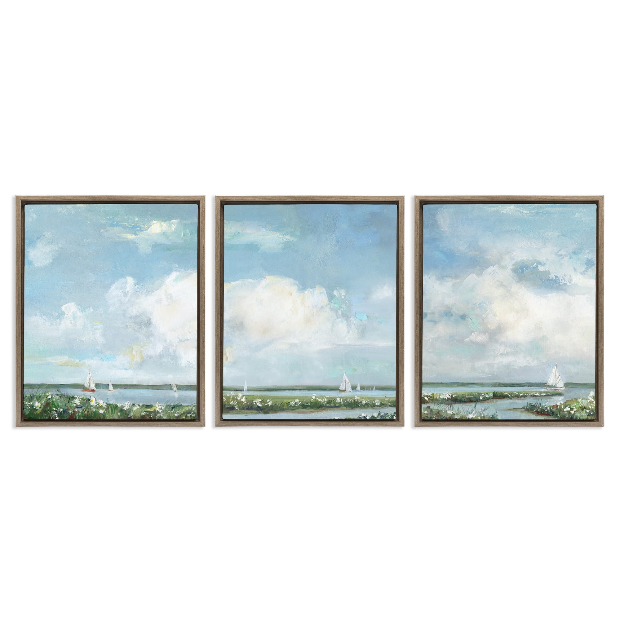 Stupell Industries Daisies Along Calm Coastline 3 Piece Brown Framed Floater Canvas Set, design by Sally Swatland
