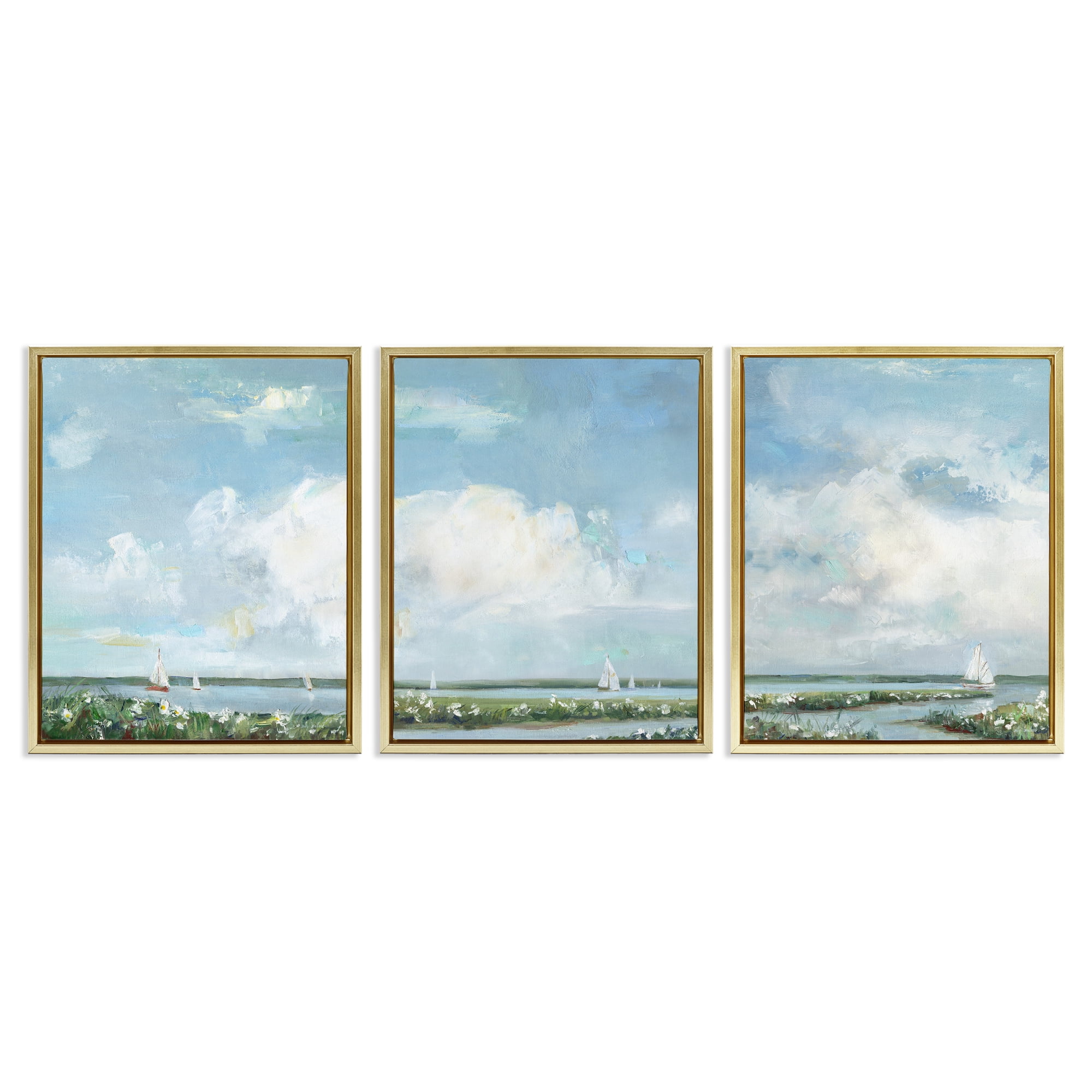 Stupell Industries Daisies Along Calm Coastline 3 Piece Gold Framed Floater Canvas Set, design by Sally Swatland