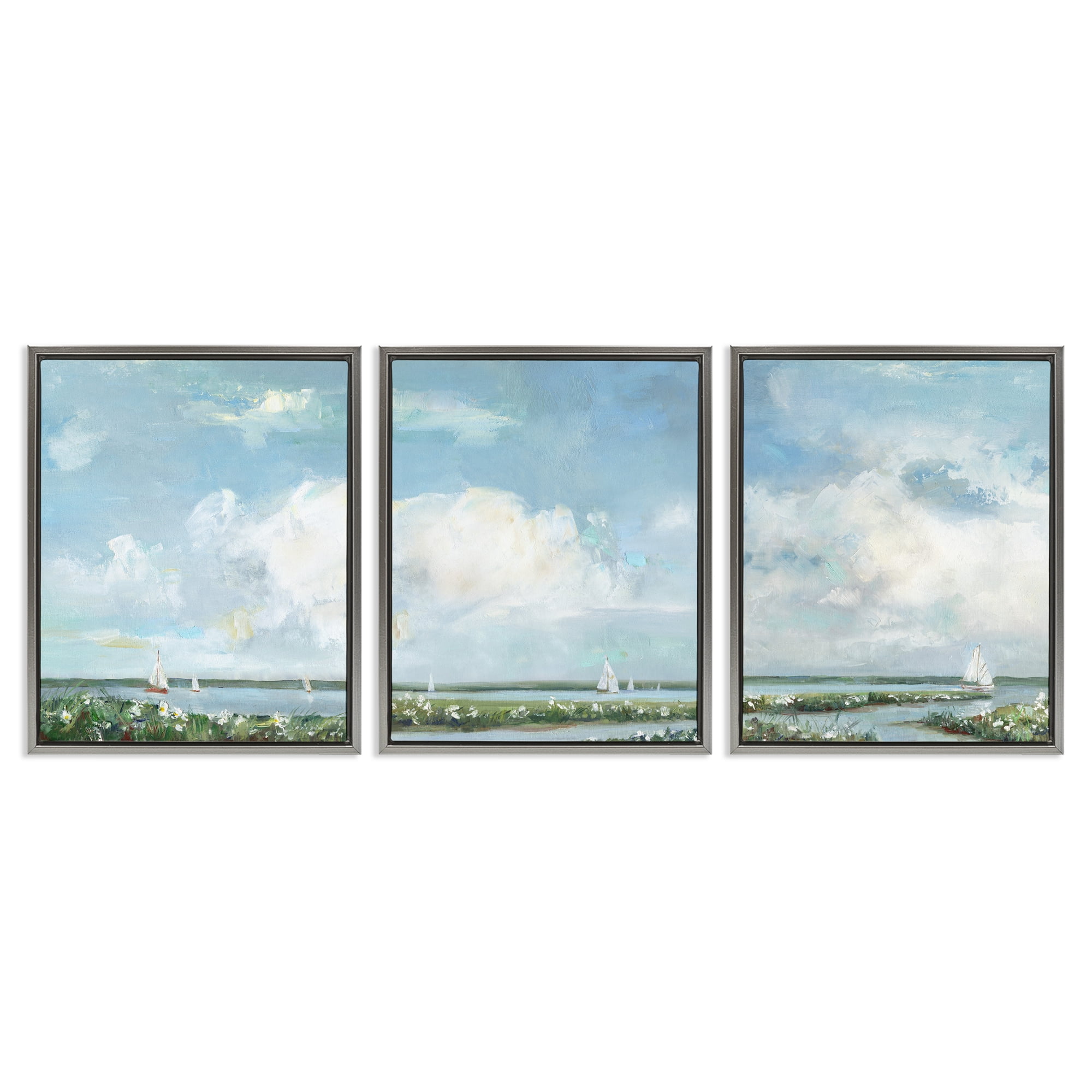 Stupell Industries Daisies Along Calm Coastline 3 Piece Gray Framed Floater Canvas Set, design by Sally Swatland