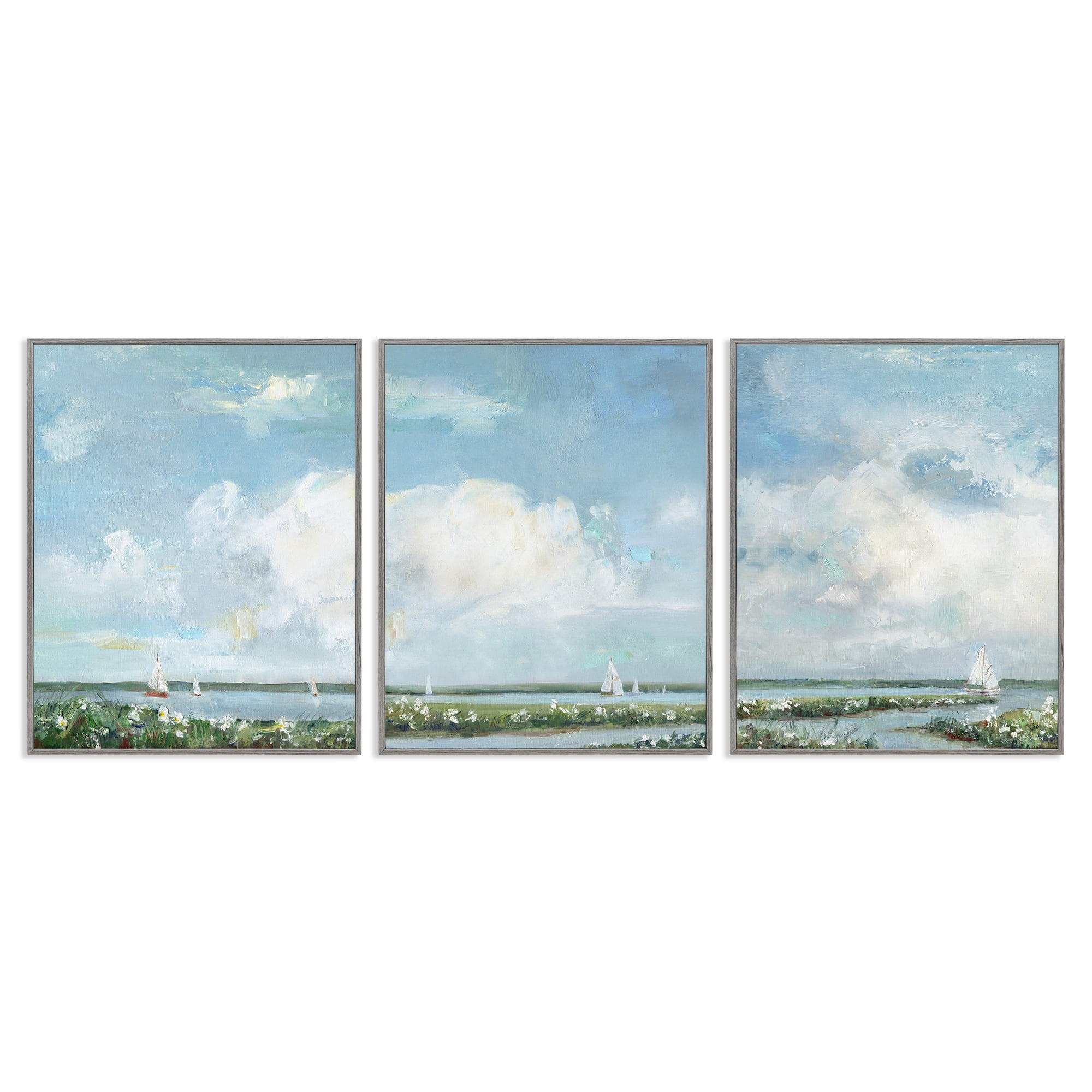 Stupell Industries Daisies Along Calm Coastline 3 Piece Gray Framed Giclee Art Set, design by Sally Swatland