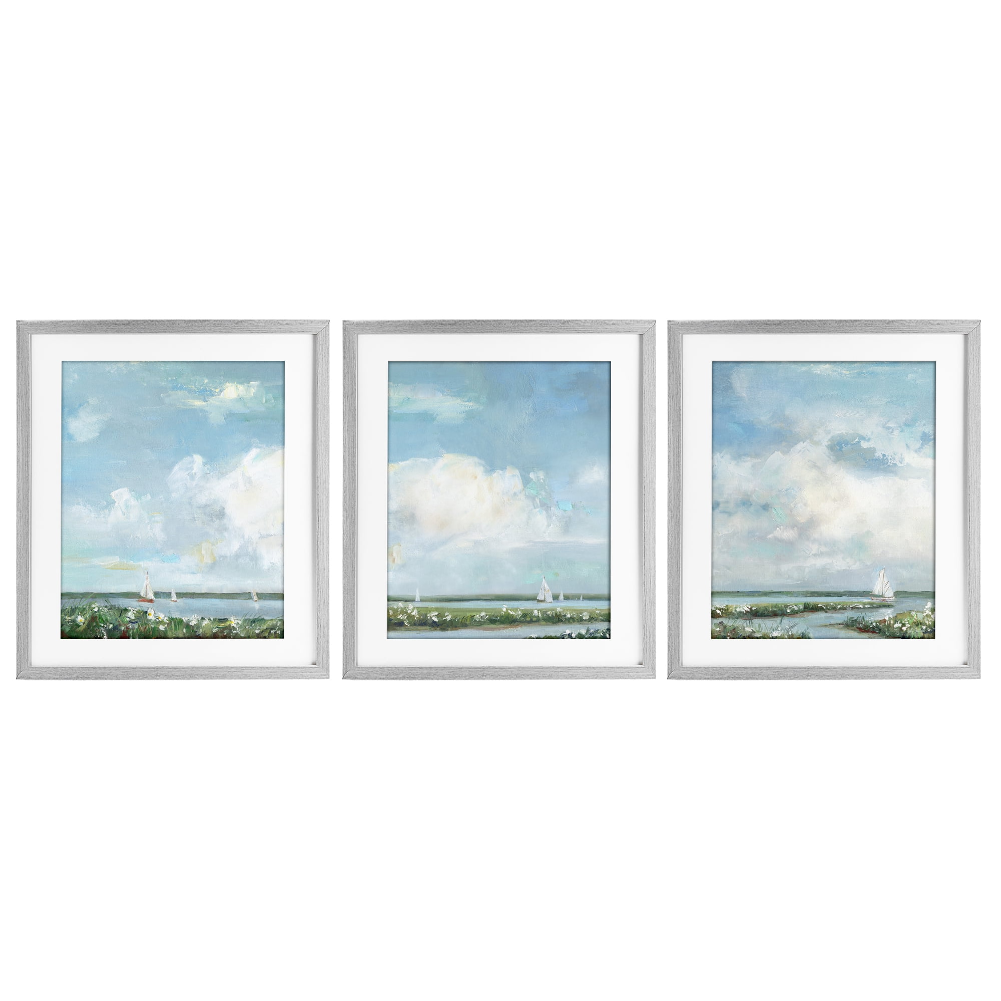 Stupell Industries Daisies Along Calm Coastline 3 Piece Gray Framed Print Under Glass Set, design by Sally Swatland