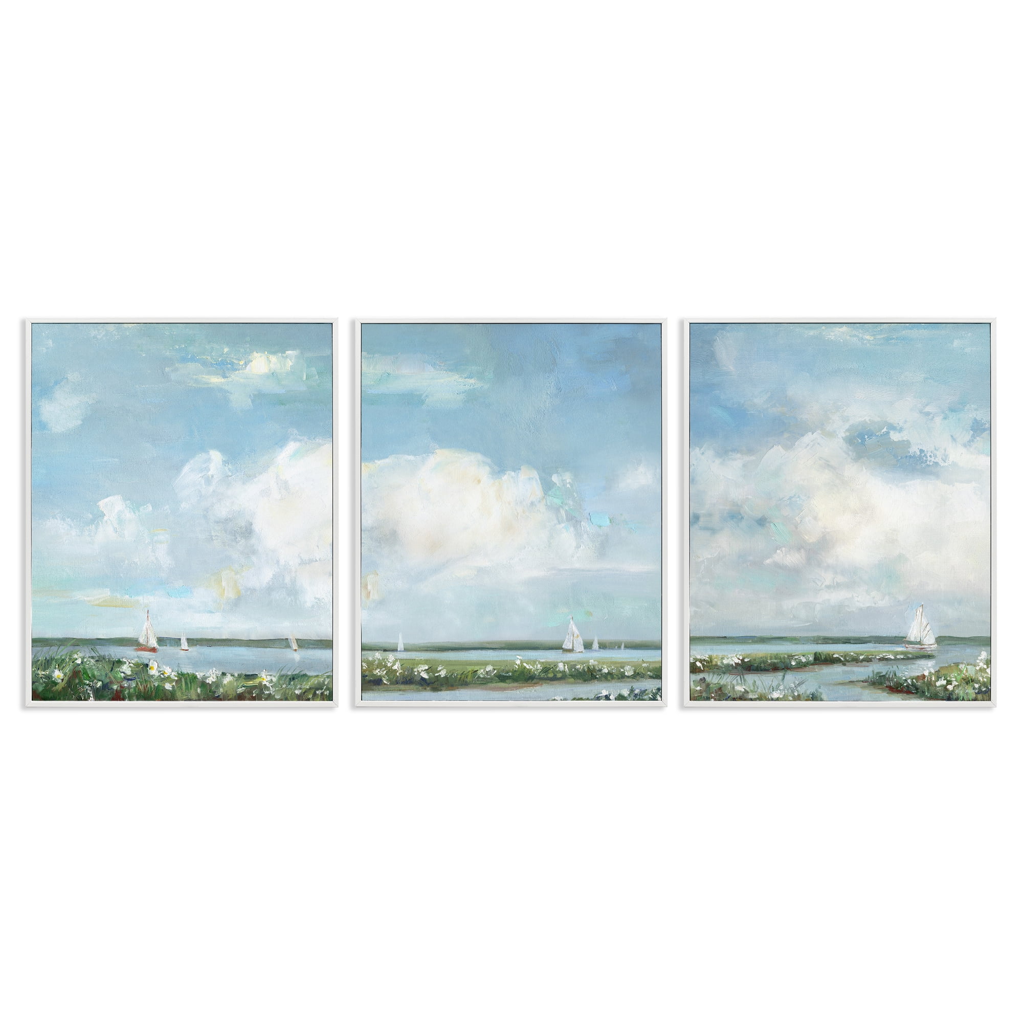 Stupell Industries Daisies Along Calm Coastline 3 Piece White Framed Giclee Art Set, design by Sally Swatland