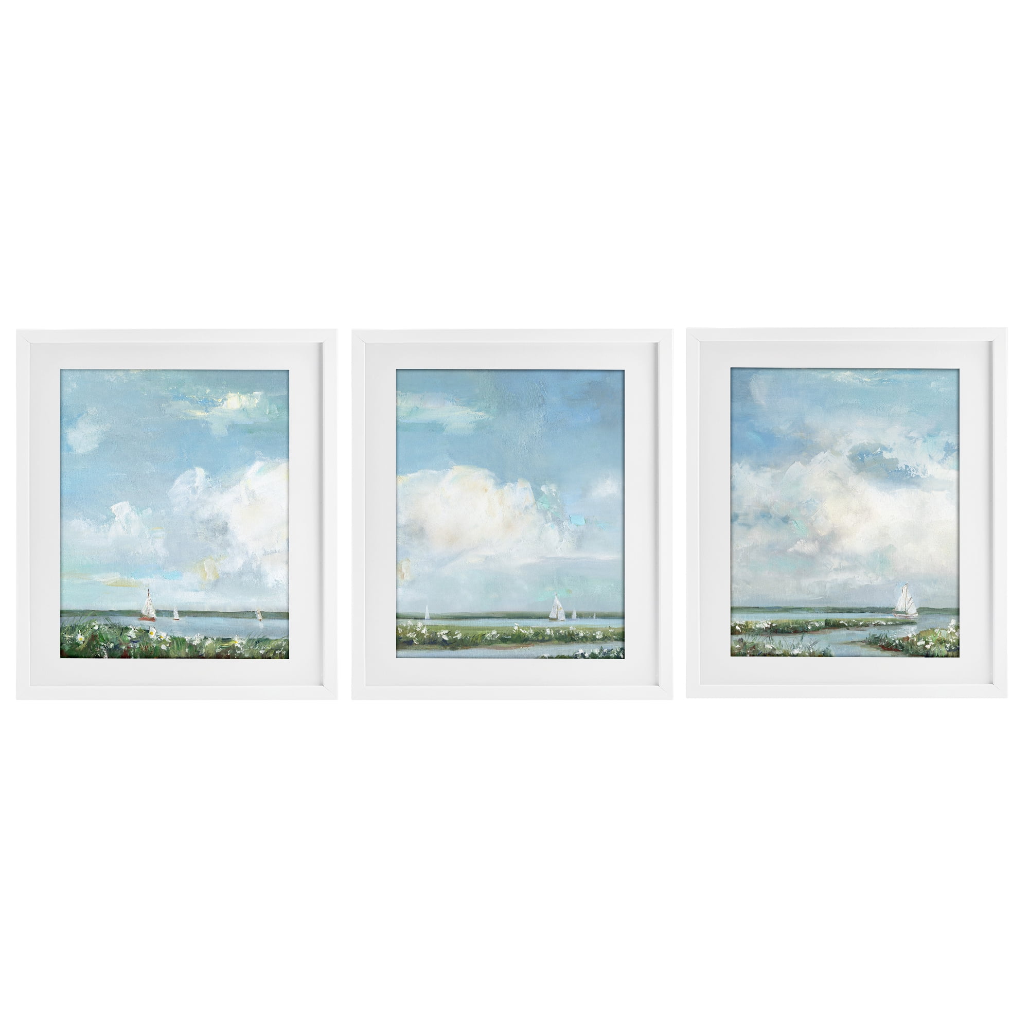 Stupell Industries Daisies Along Calm Coastline 3 Piece White Framed Print Under Glass Set, design by Sally Swatland
