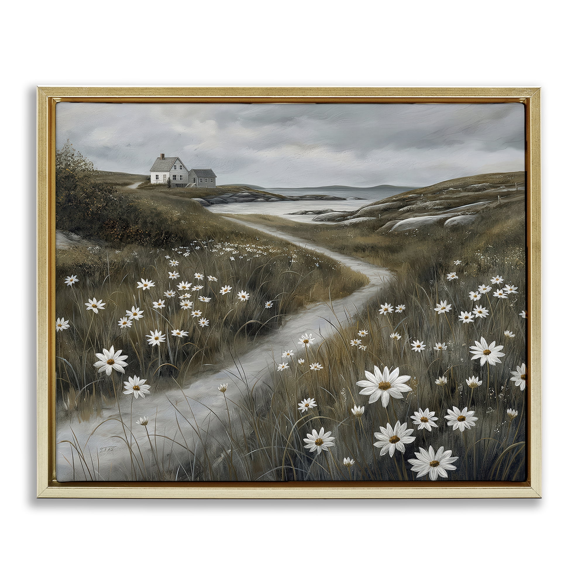 Stupell Industries Daisies Along Coastal Path Gold Framed Floater Canvas Wall Art, design by Imagine It Images