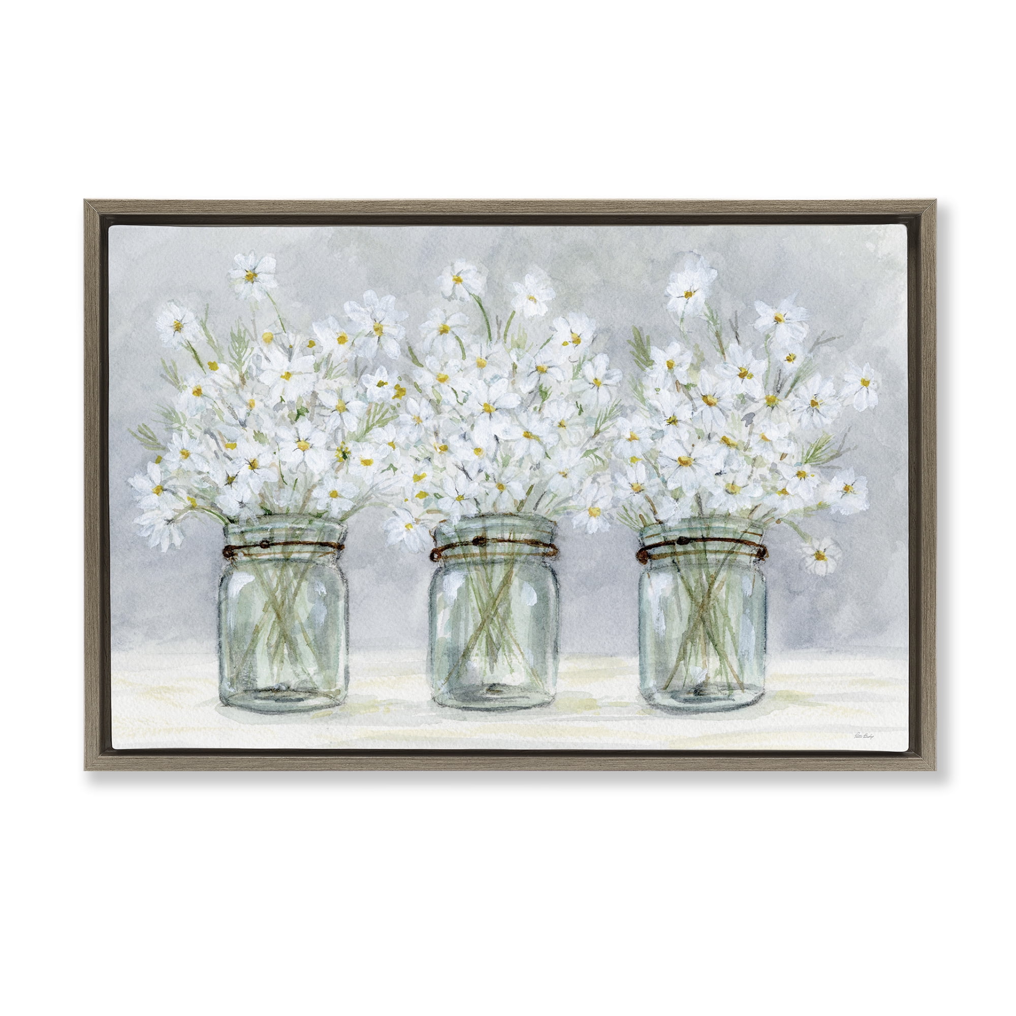 Stupell Industries Daisies In Jars Botanical & Floral Painting Brown Floater Framed Art Print Wall Art, 25 x 17