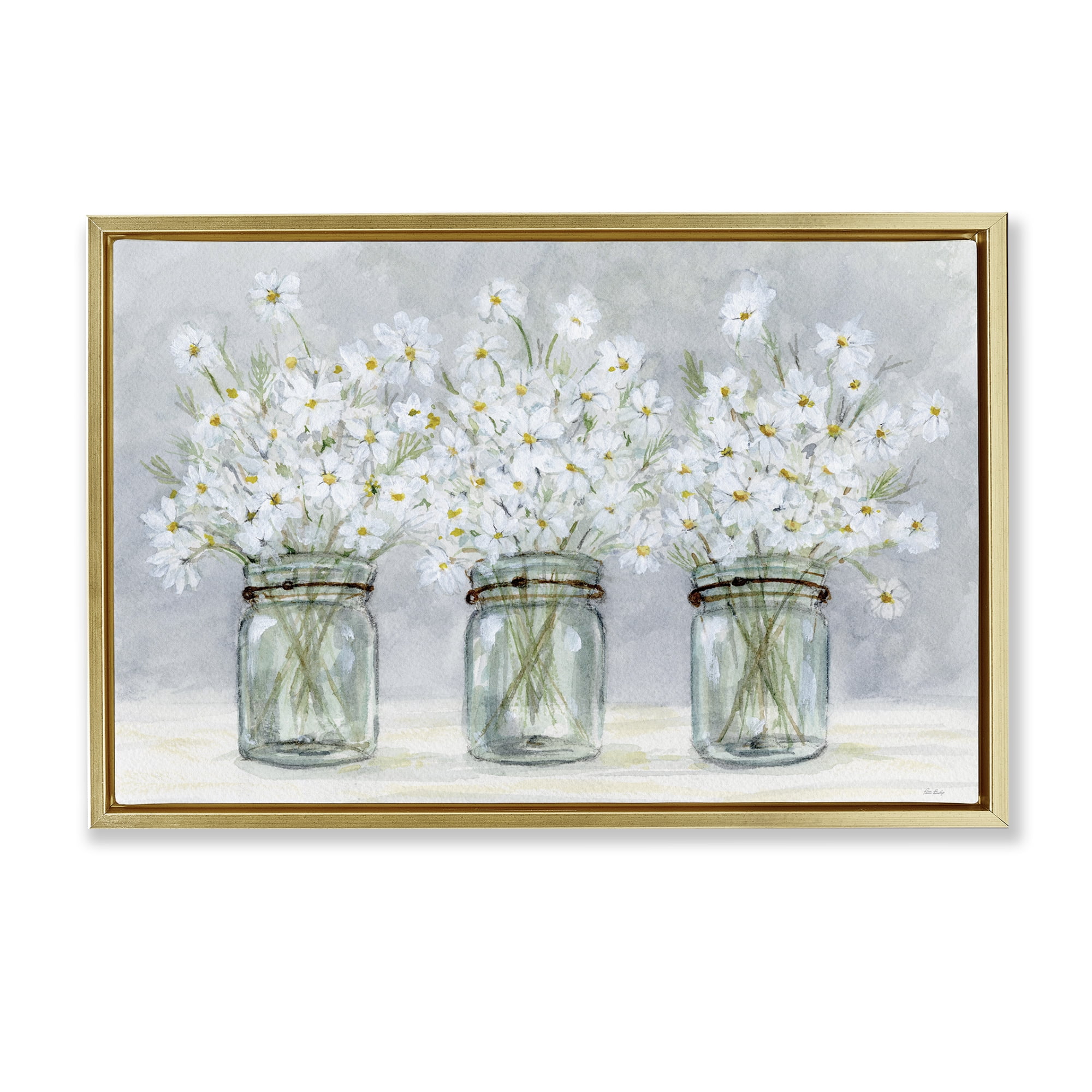 Stupell Industries Daisies In Jars Botanical & Floral Painting Gold Floater Framed Art Print Wall Art, 25 x 17