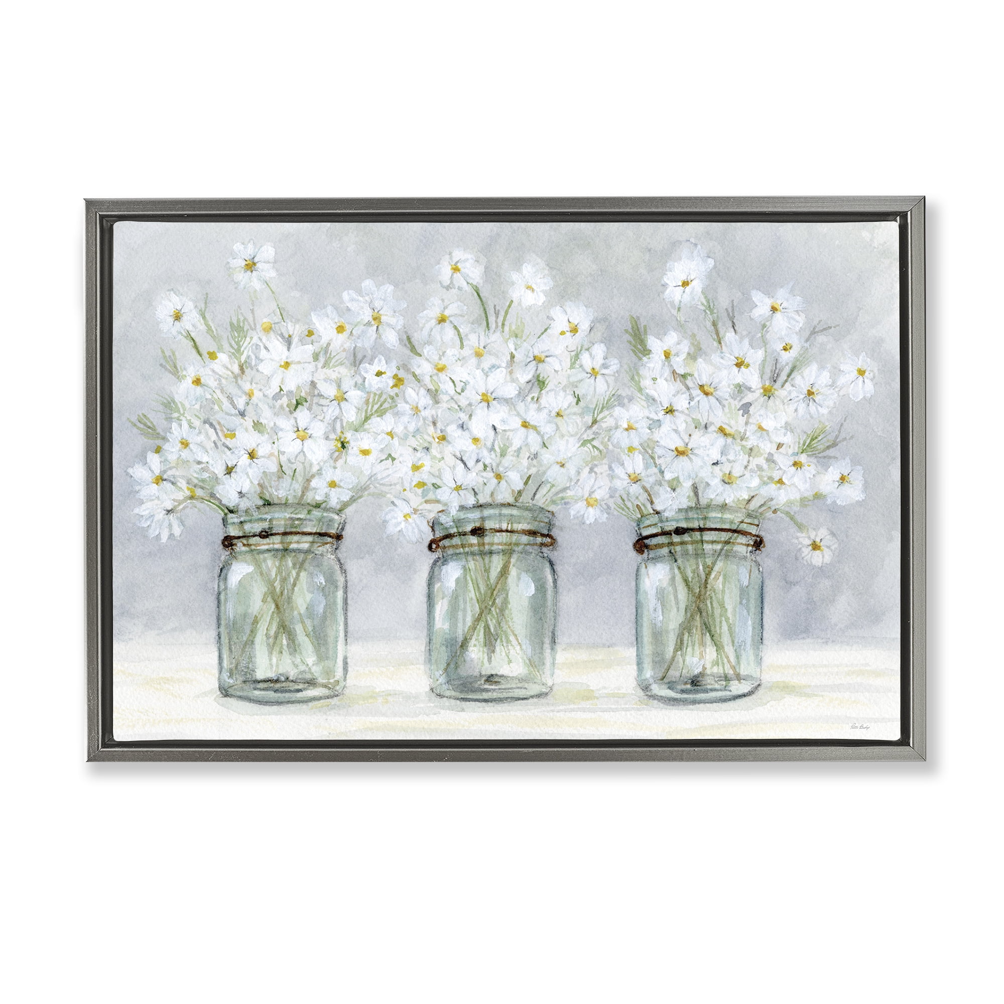 Stupell Industries Daisies In Jars Botanical & Floral Painting Gray Floater Framed Art Print Wall Art, 31 x 21