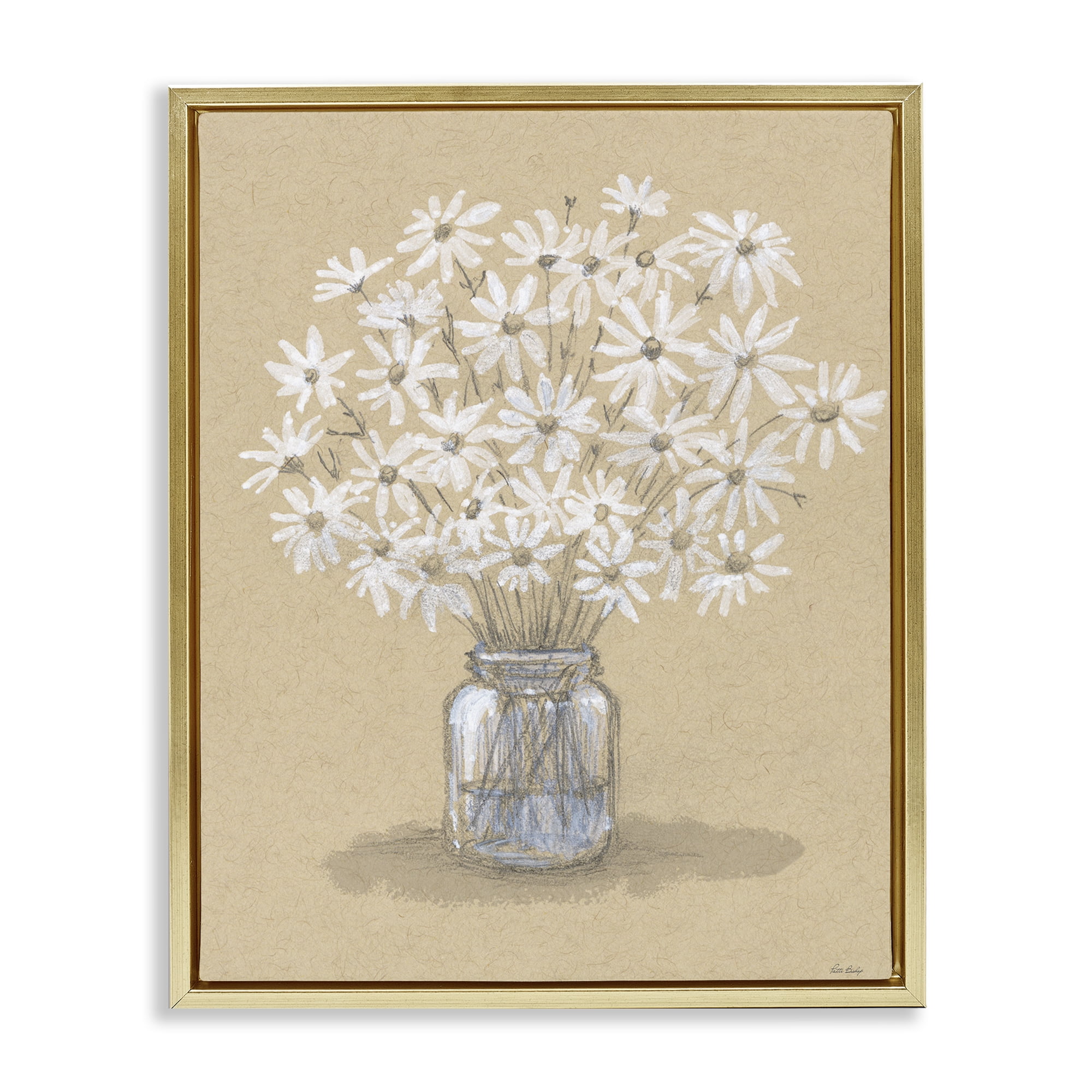 Stupell Industries Daisies Jar Drawing Gold Framed Floater Canvas Wall Art, design by Patti Bishop